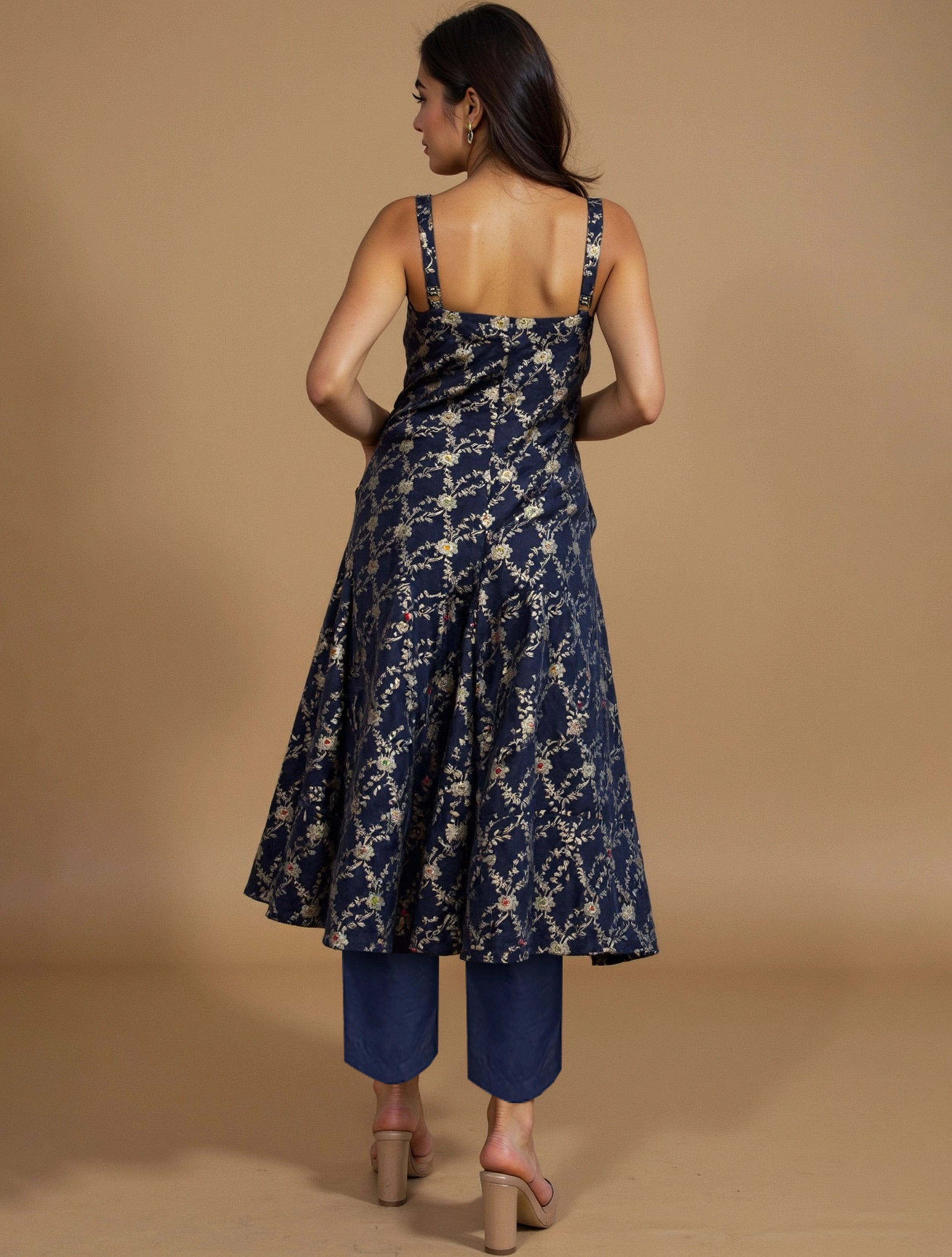 trueBrowns Blue Brocade Straight High-Slit Kurta Co-ord Set