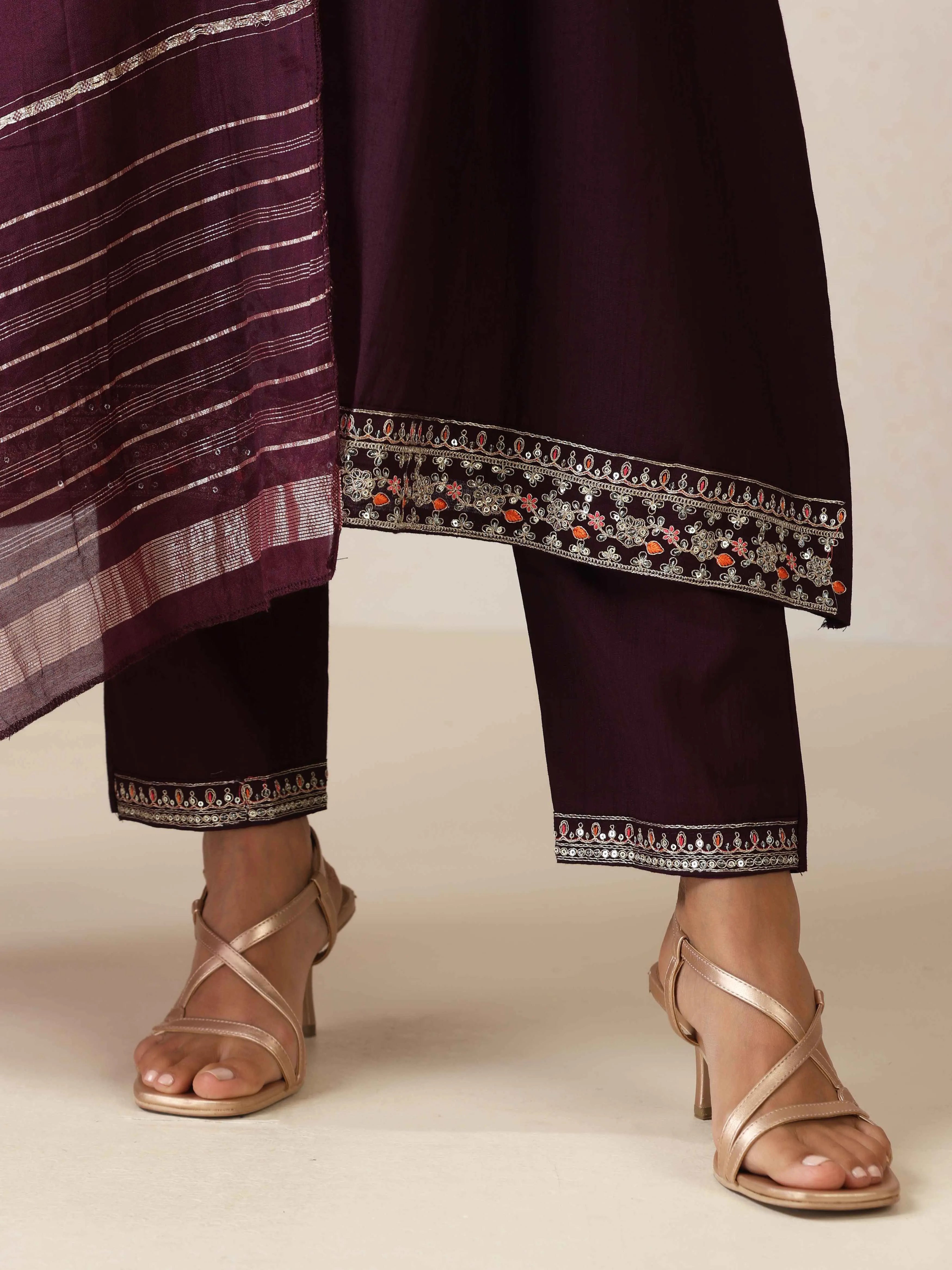 trueBrowns Purple Embroidered A-line Kurta 3pc Set