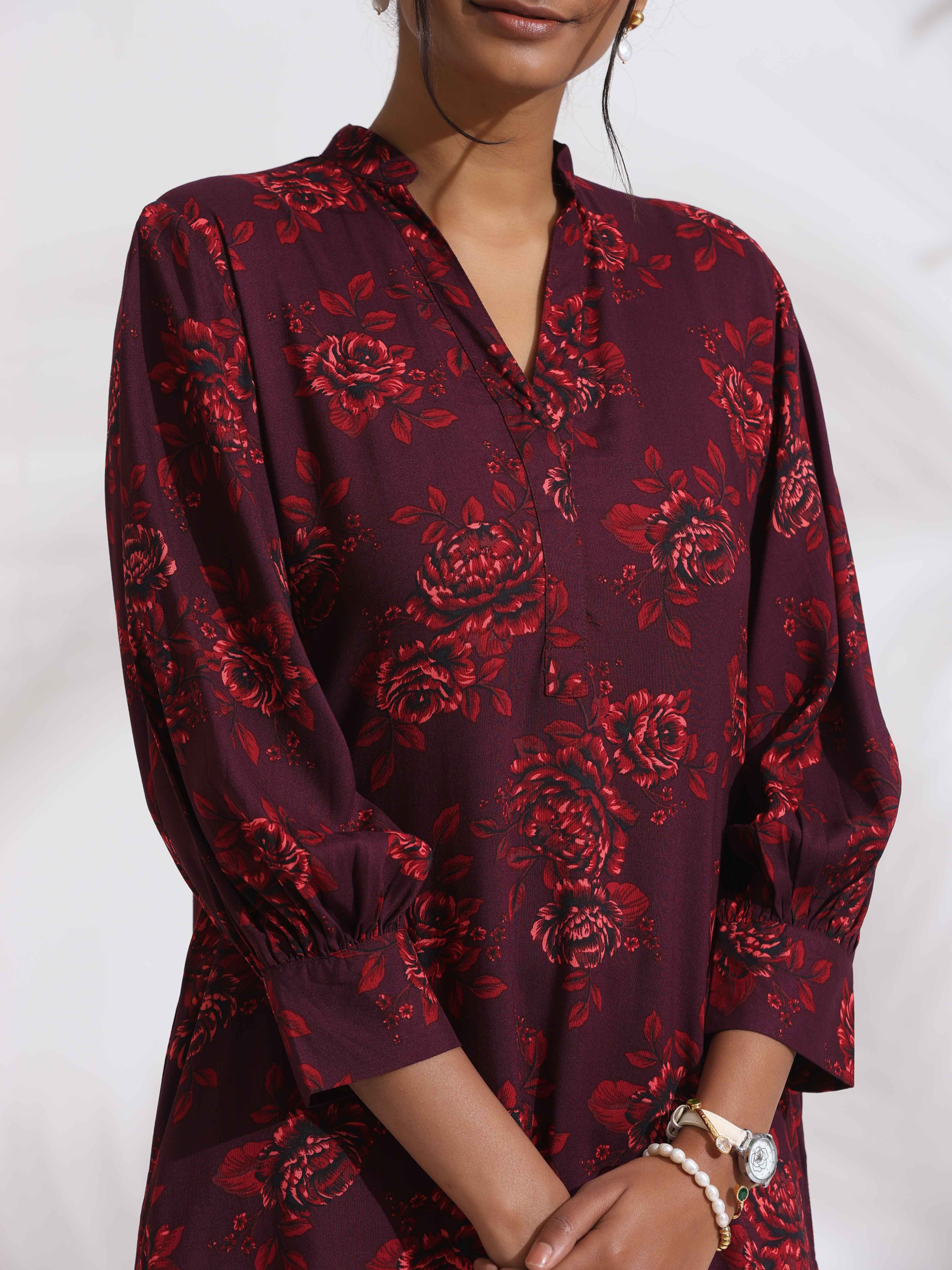 trueBrowns Purple Floral Print Kurta Set
