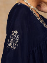 trueBrowns Midnight Blue Velvet Embroidered Kurta