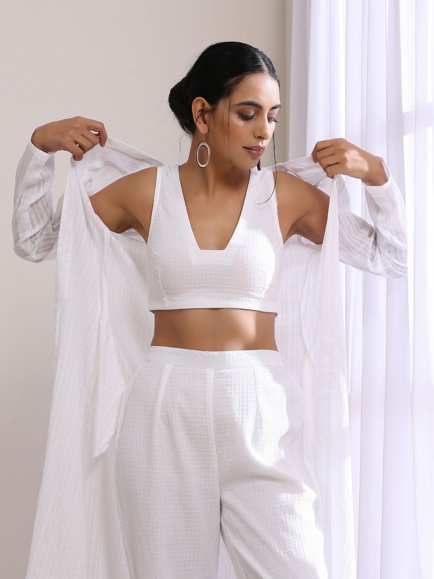 White Dobby Overlay Jacket Blouse Pant Set