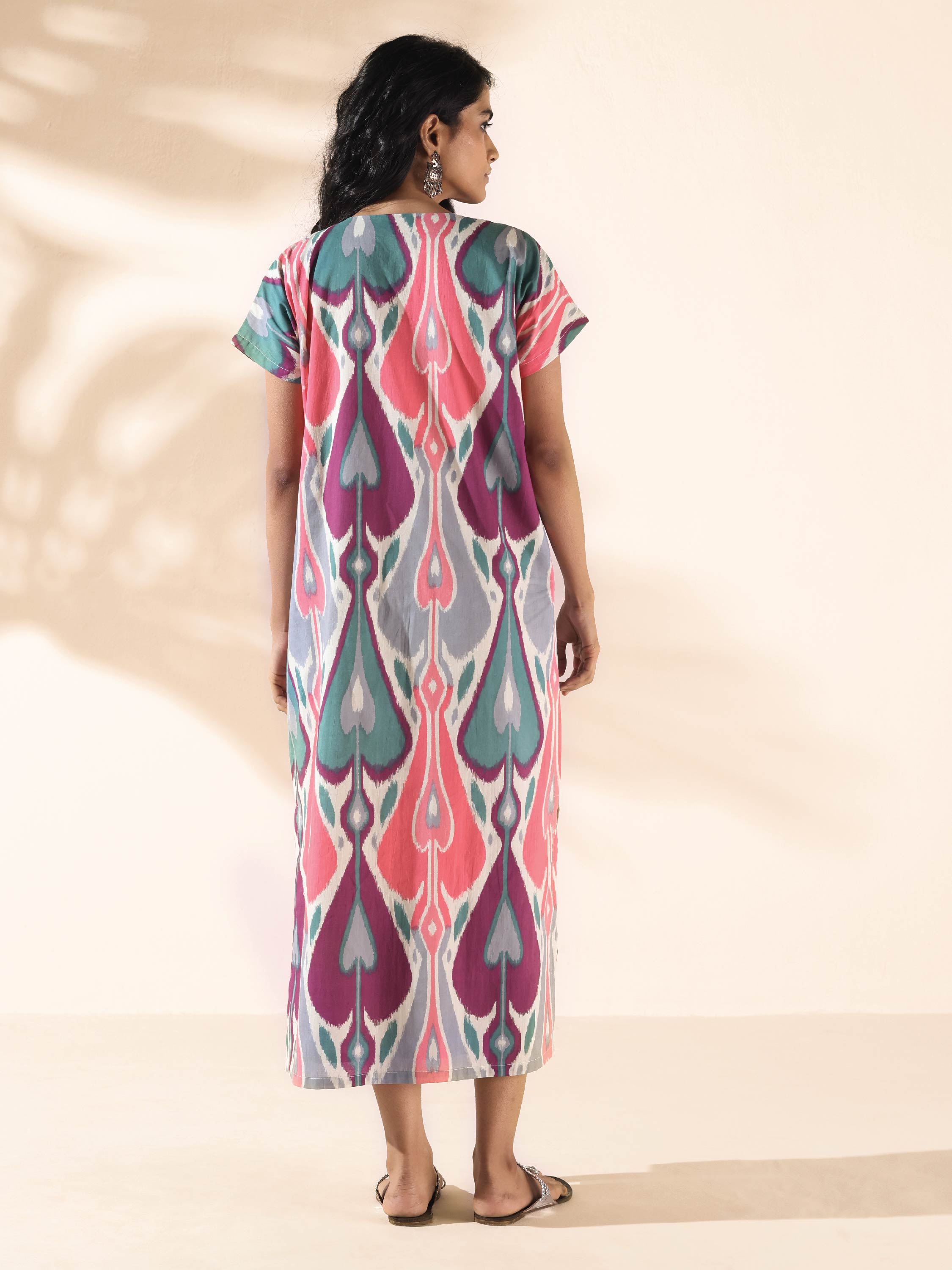 trueBrowns Green Cotton Ikat Slit Dress