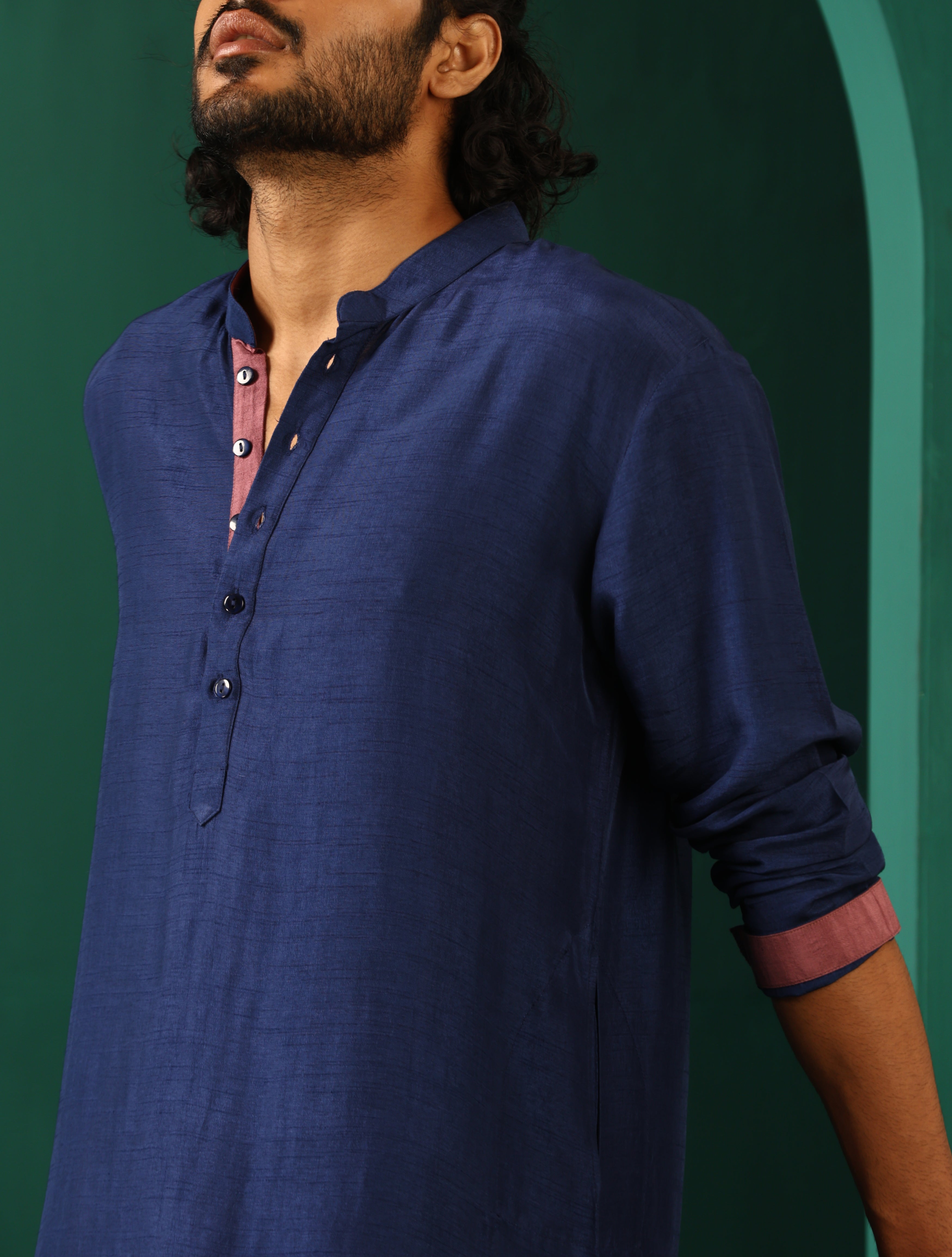 trueBrowns Men Blue Silk Long Kurta