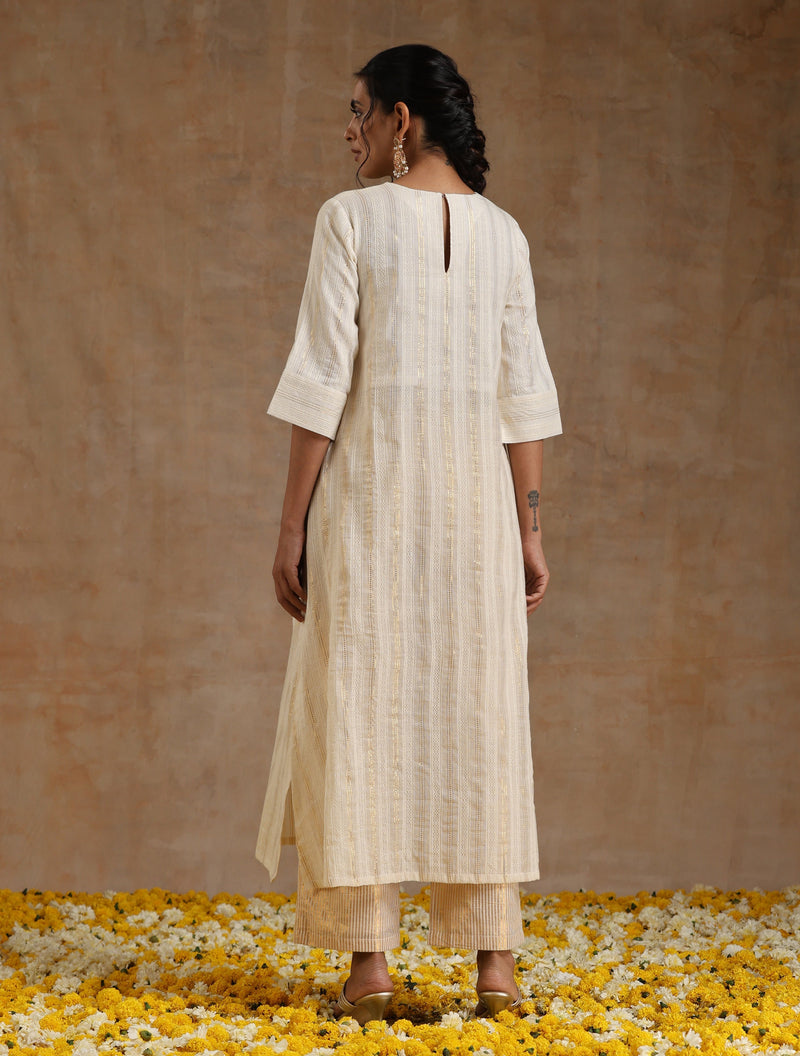 Ivory Gold Cotton Neck Pleat Kurta Set