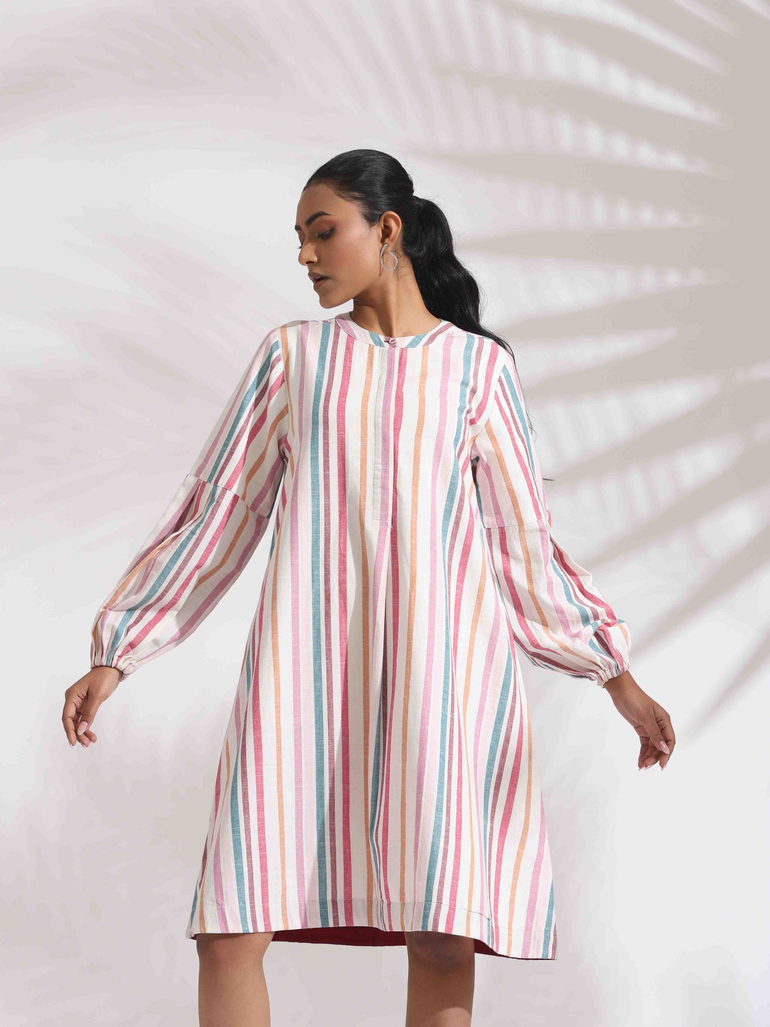 trueBrowns Off-White Cotton Multi Stripe Short Dress