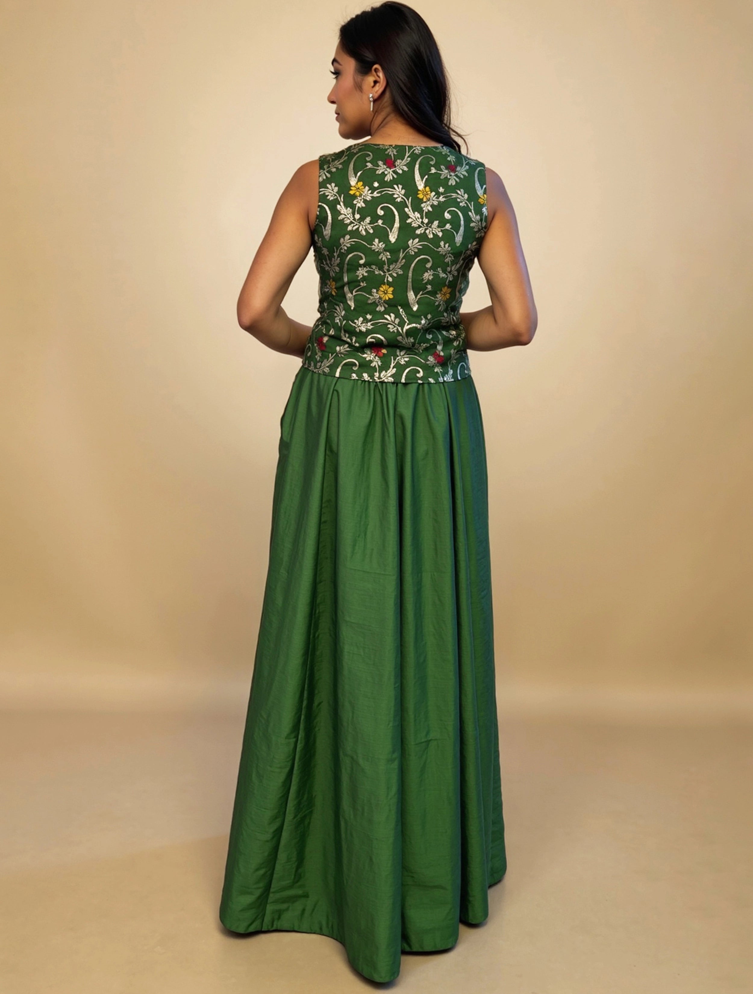 trueBrowns Green Brocade Jacket Skirt Co-ord Set