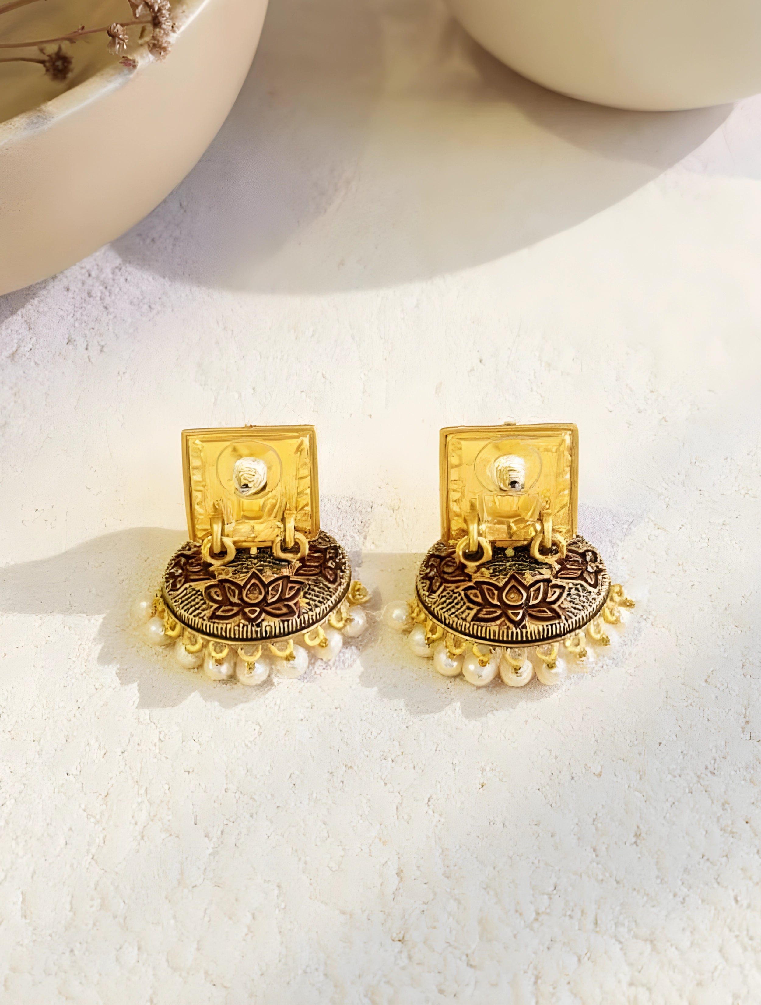 trueBrowns Red Enamel With Pearl Square Earrings