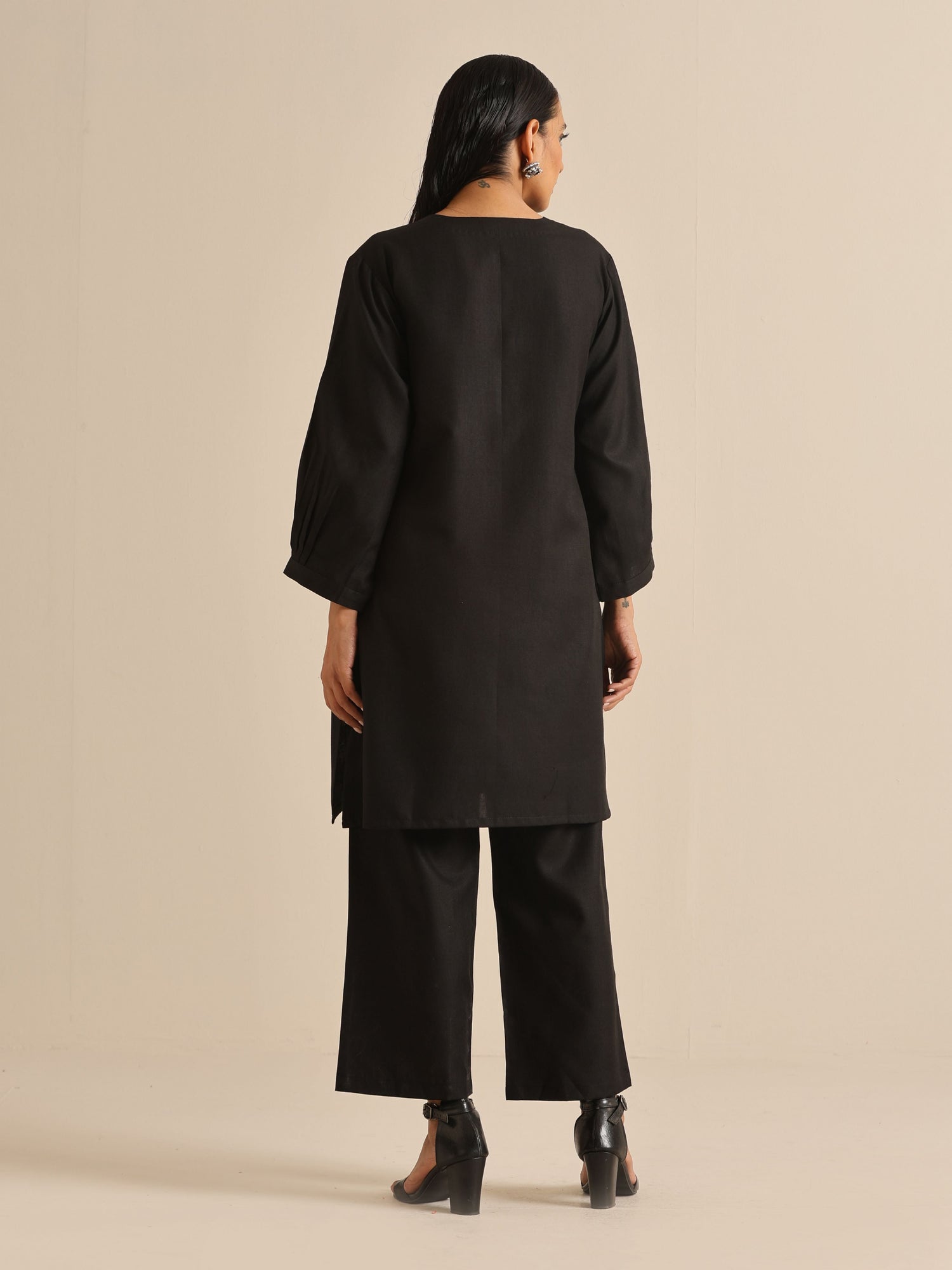 Black Slub Relaxed Placket Co-Ord Set