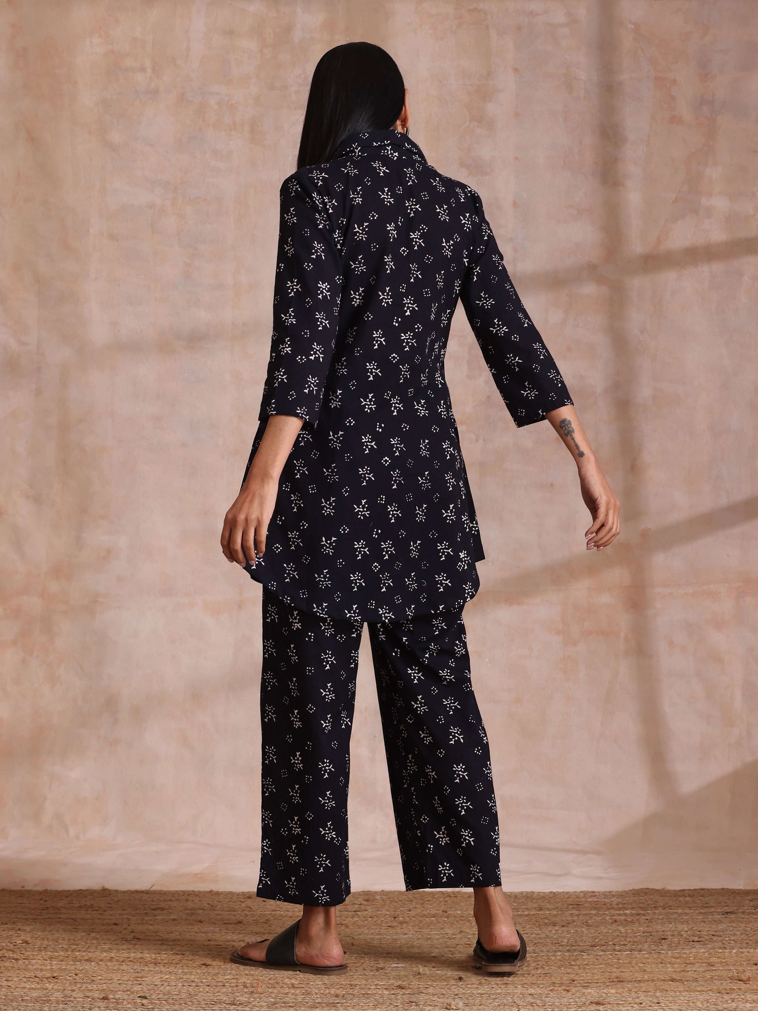 Black White Floral Print Cotton Collar Short Co-Ord Set