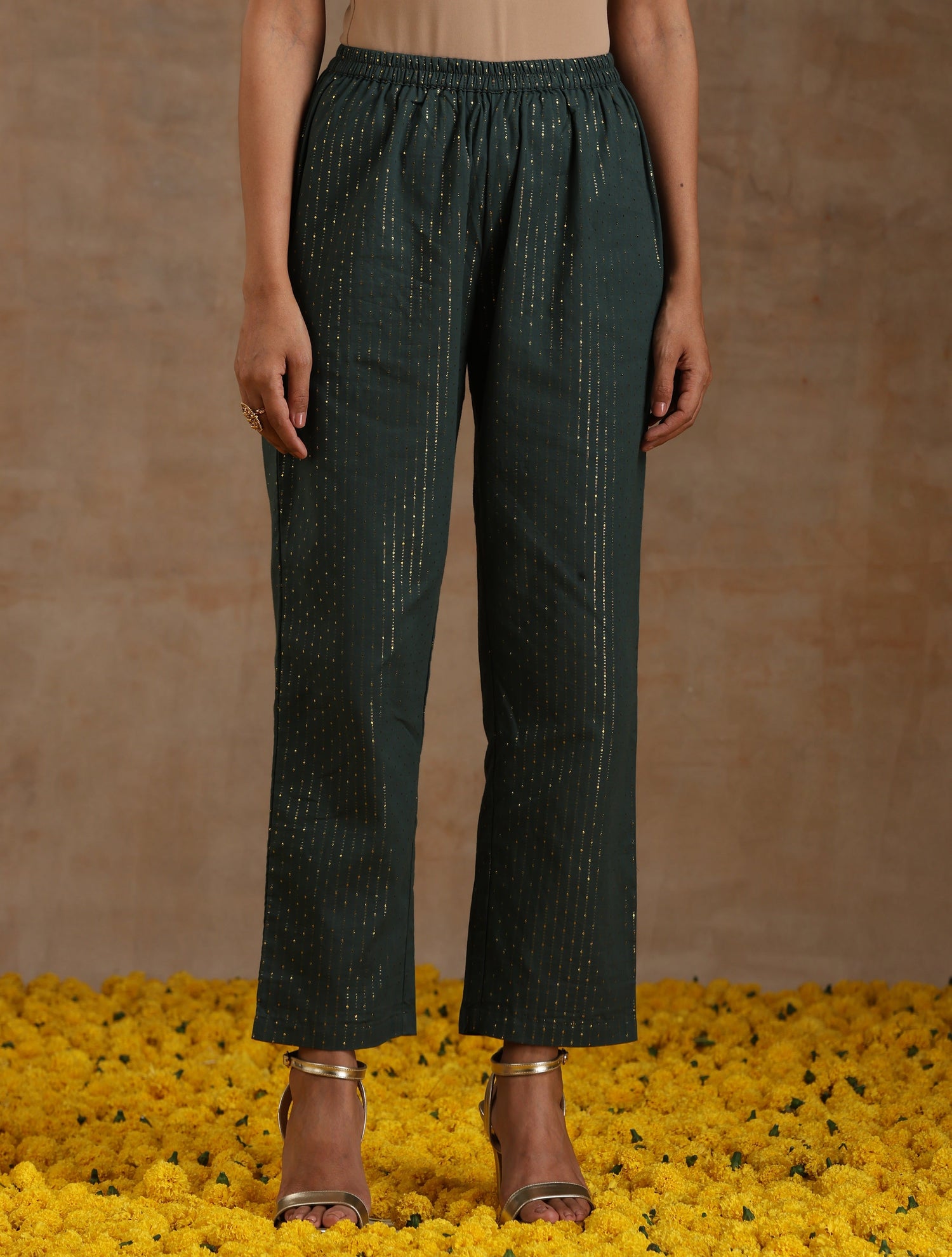 Dark Green Gold Cotton High-Low Co-Ord Set