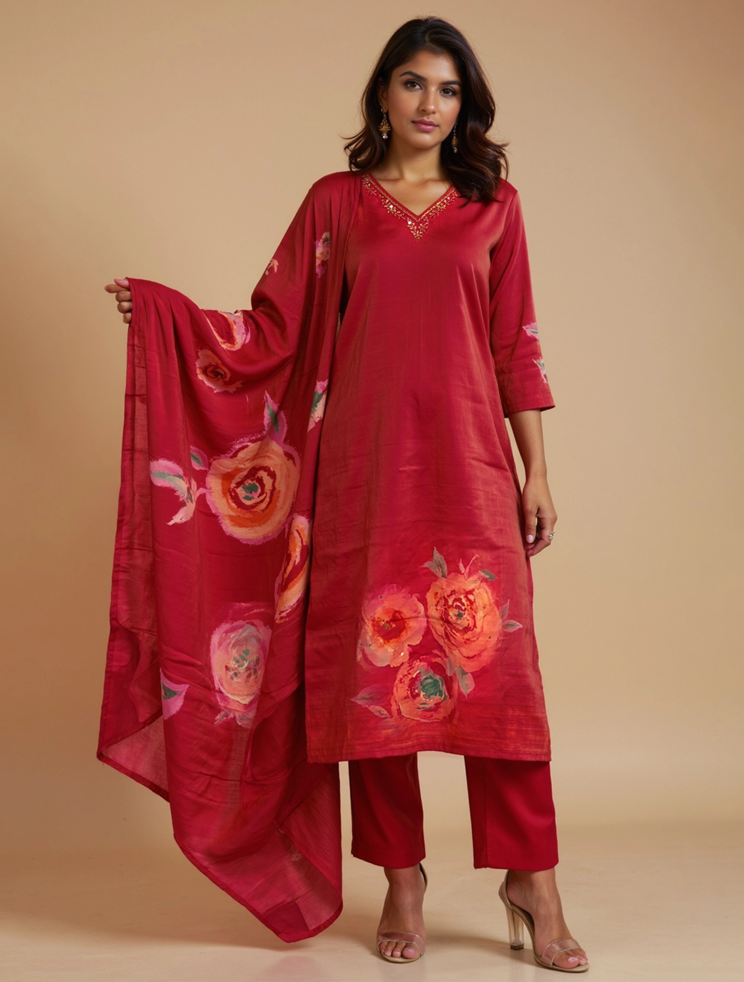 trueBrowns Pink Floral Print Kurta Pant Dupatta Set