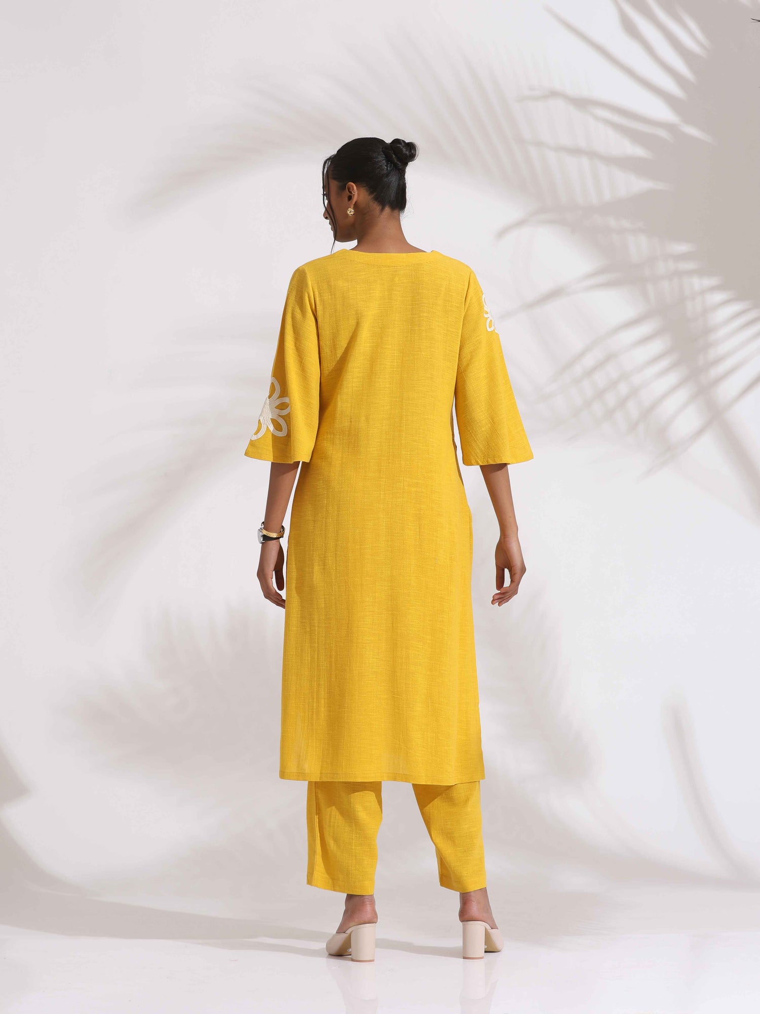 trueBrowns Yellow Cotton Slub Embroidered Straight Kurta Set