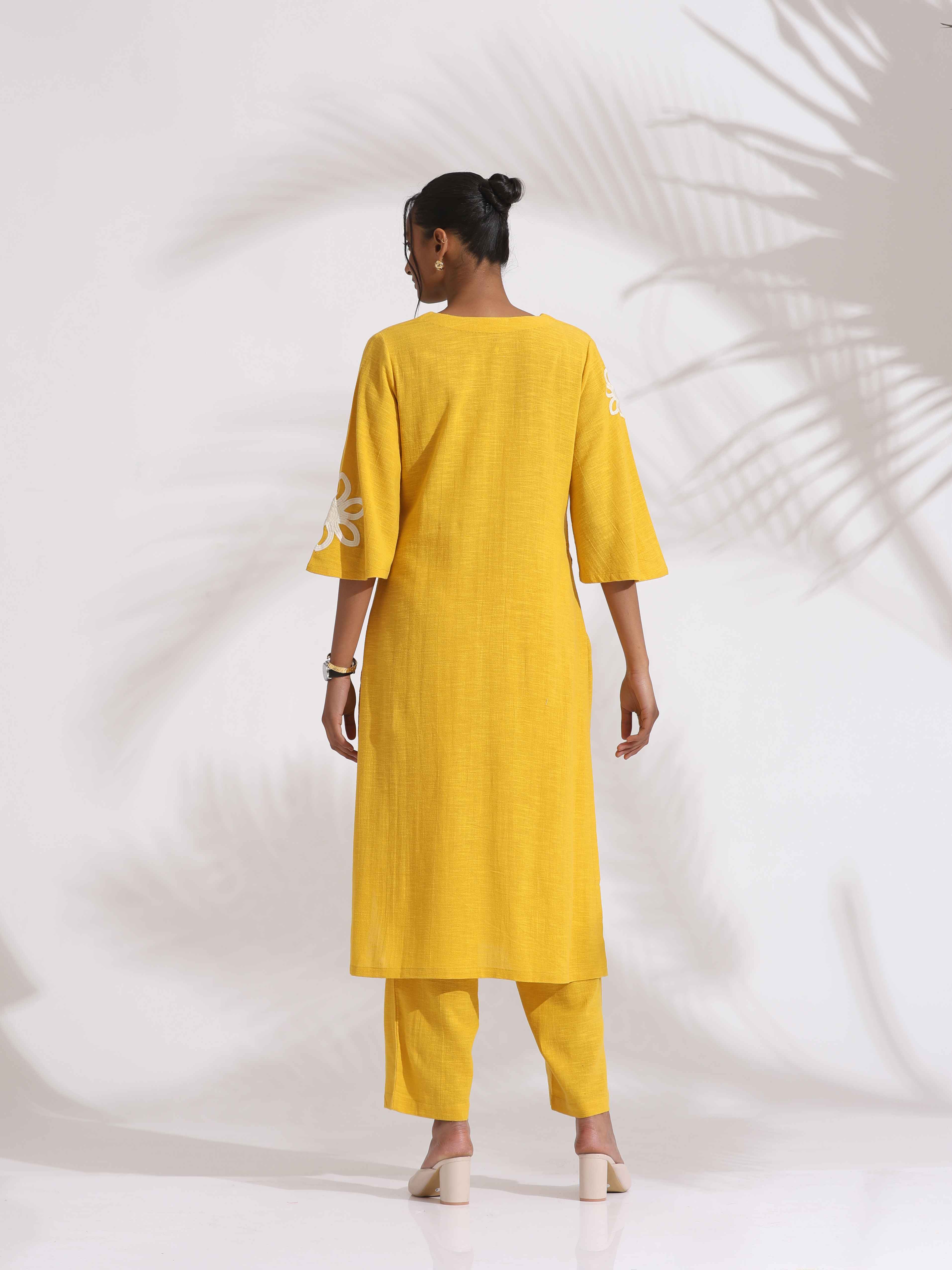 trueBrowns Yellow Cotton Slub Embroidered Straight Kurta Set