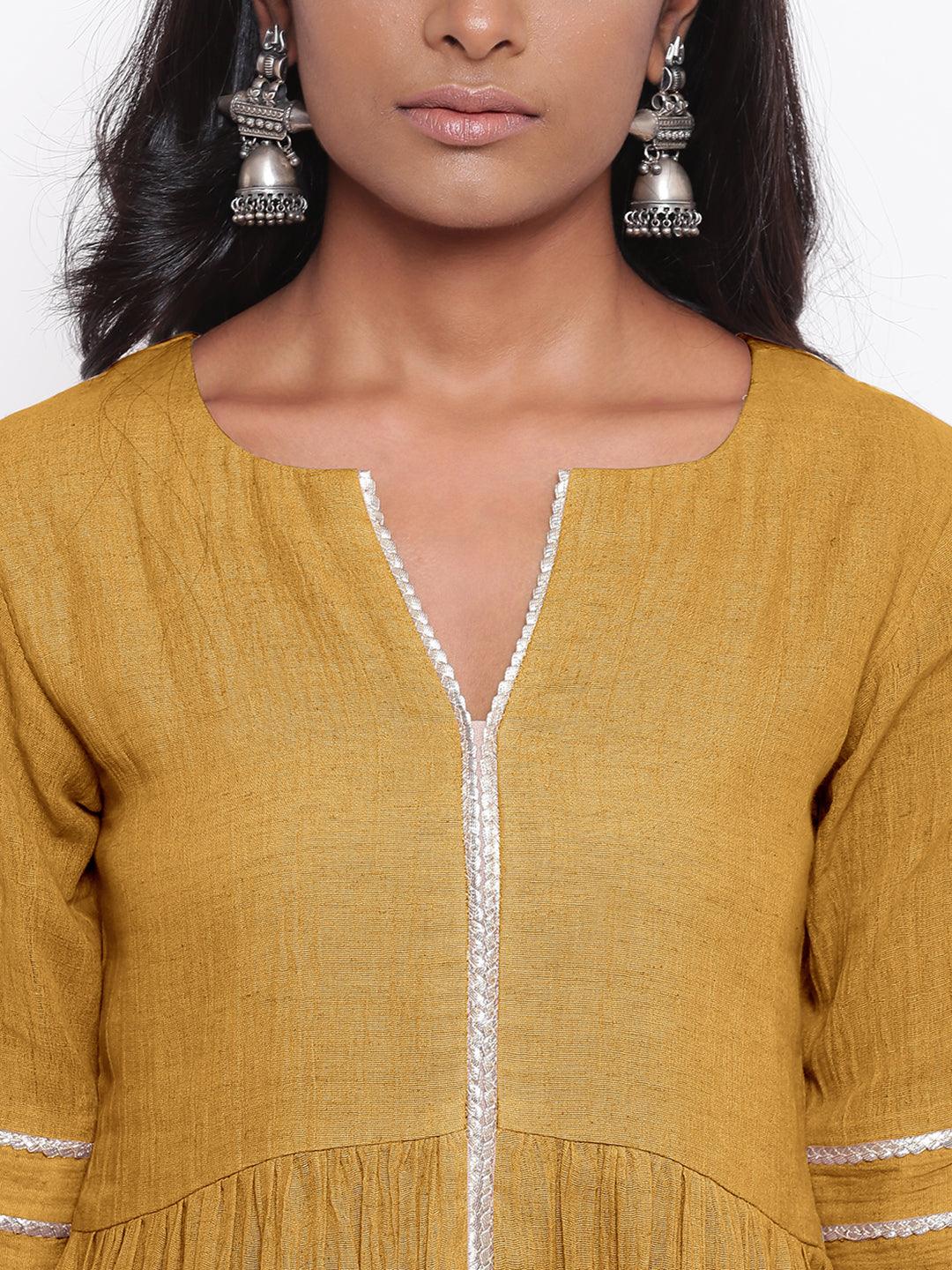 Pure Cotton Beige Gota Slit Kurta Set - trueBrowns