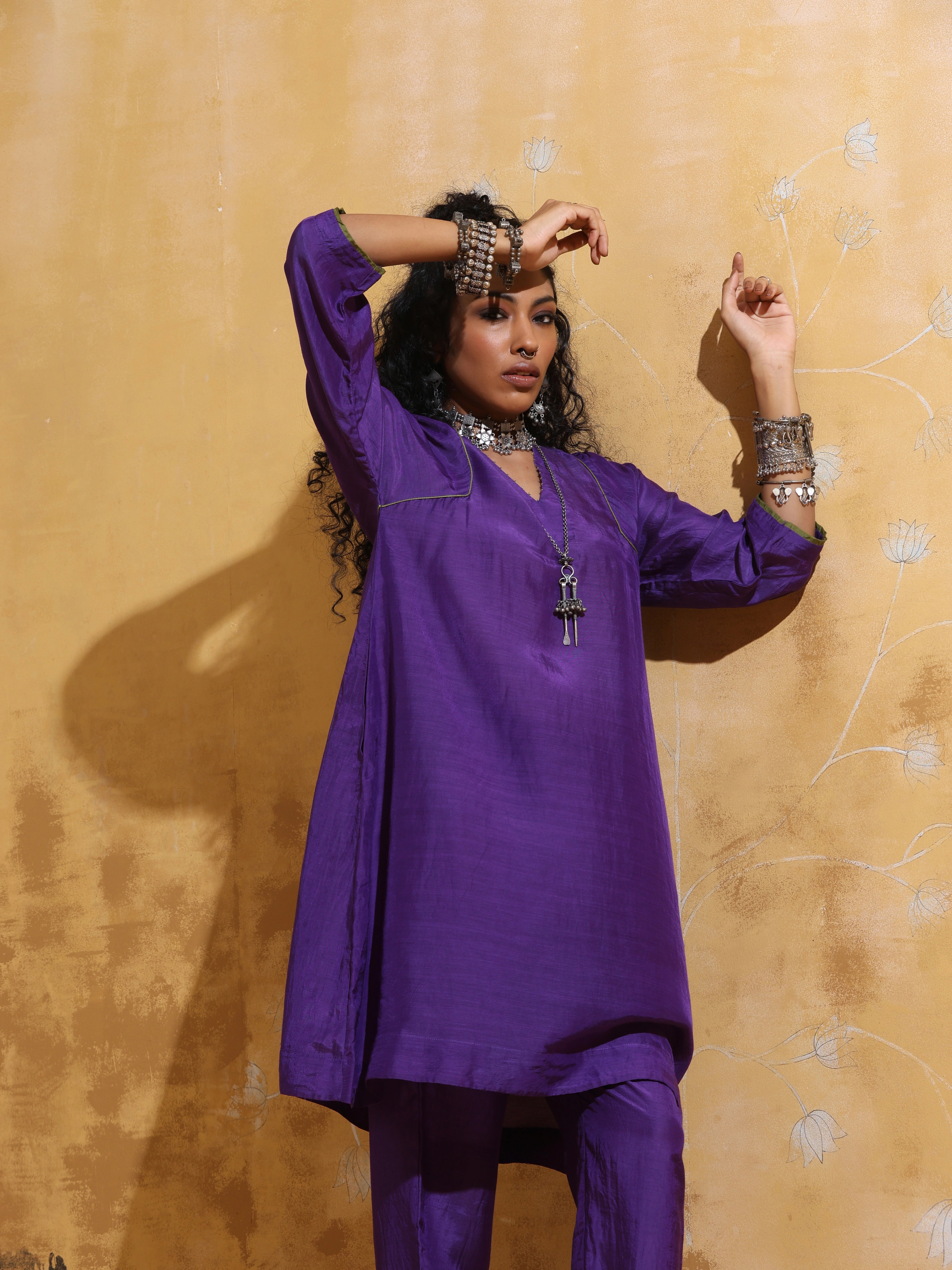 trueBrowns Purple Muslin Silk A-line Kurta Co-ord Set