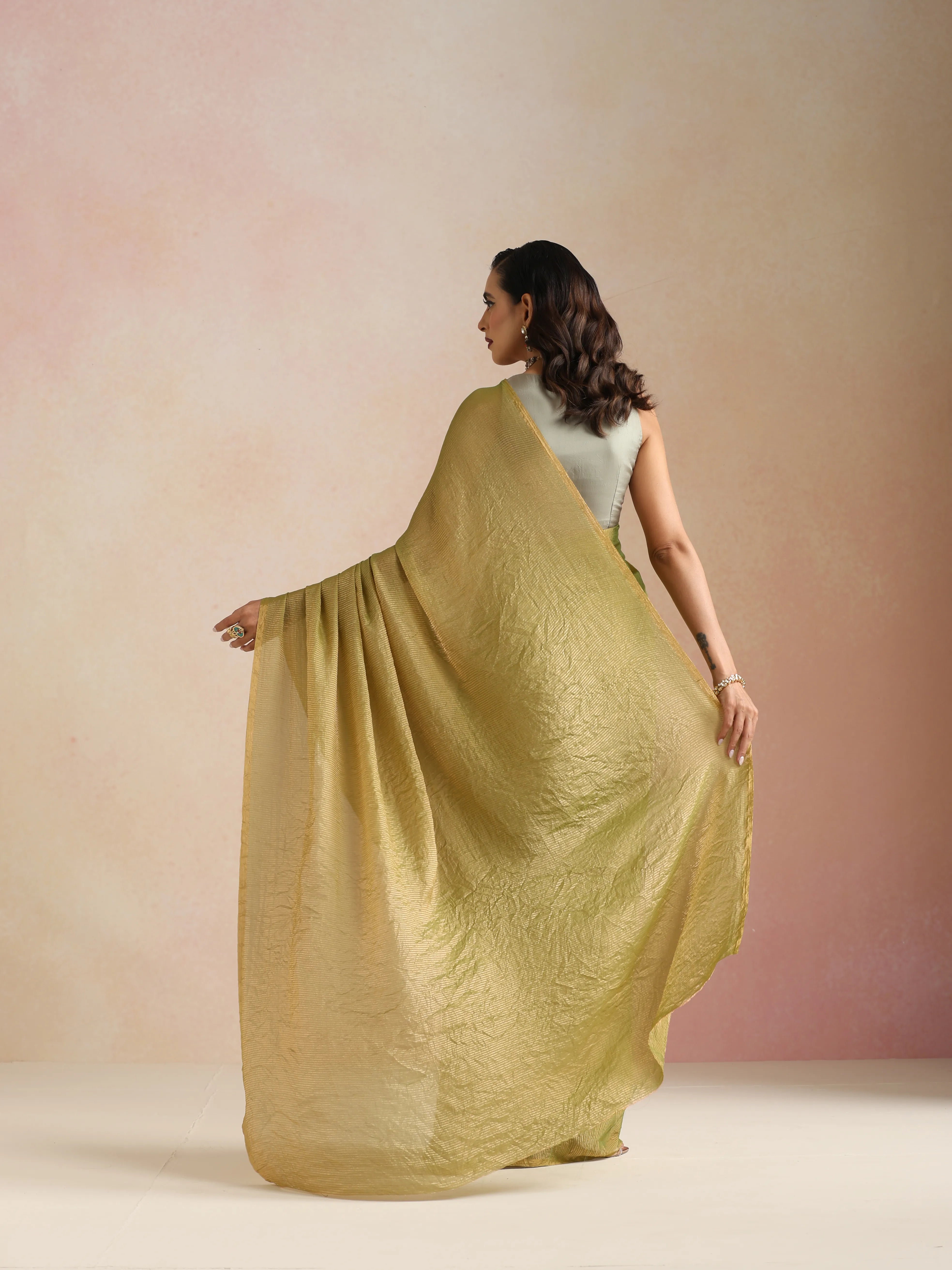 trueBrowns Green Tissue Stripe Saree With Unstitched Blouse