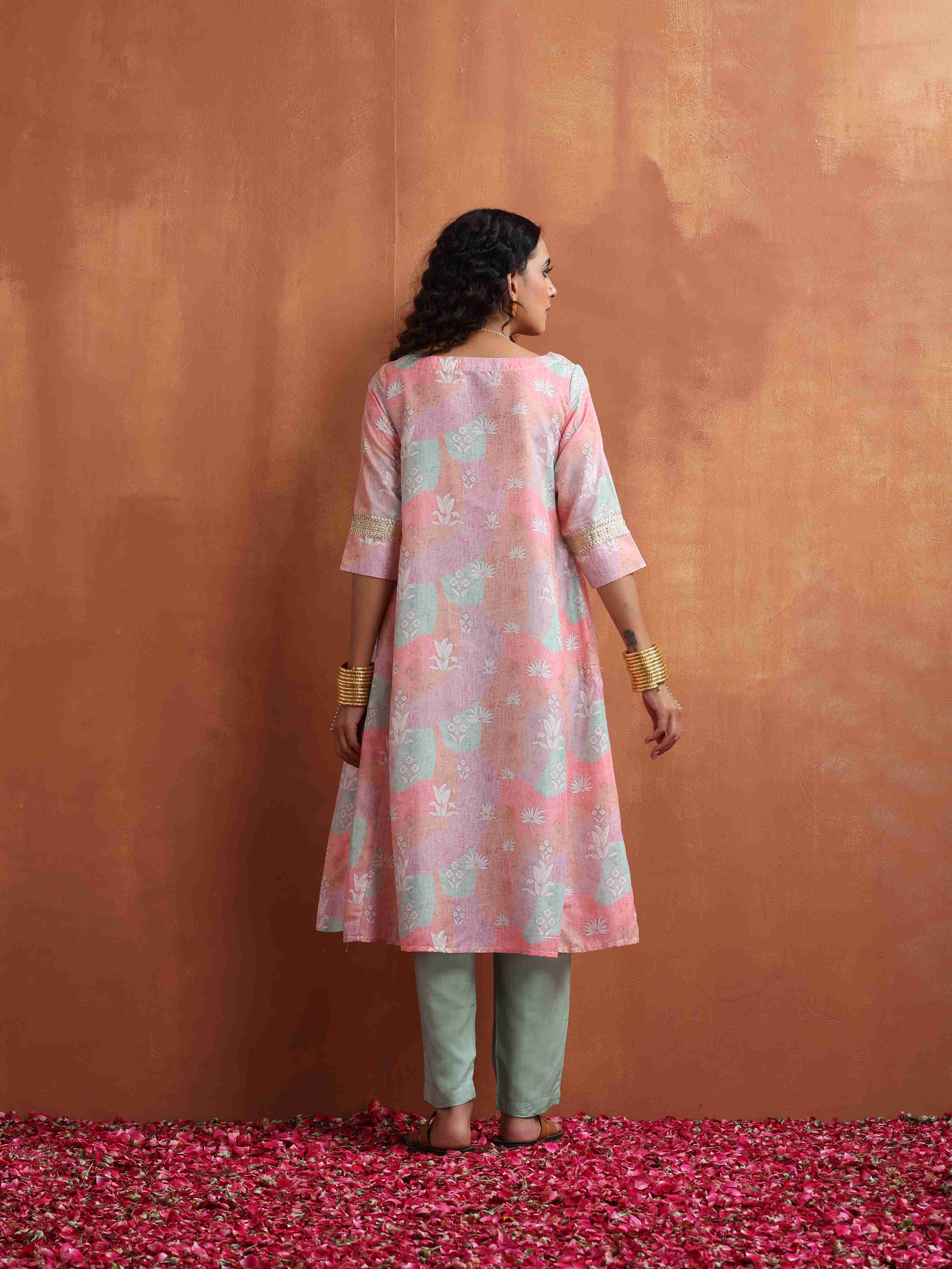 trueBrowns Beige Palm Print A-line Kurta Set