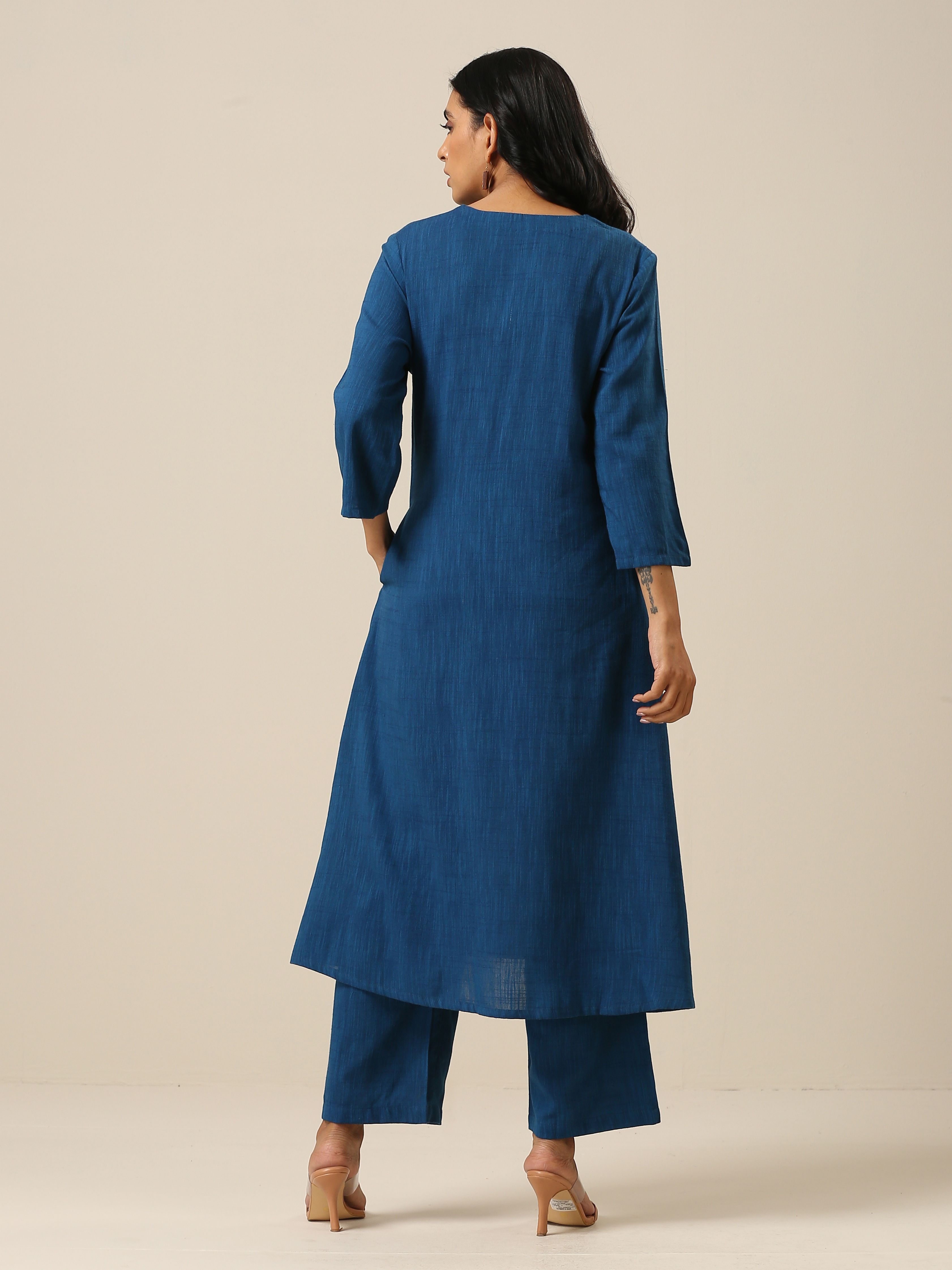 Classic Blue Slub Texture Overlap Pleat Kurta Pant Set