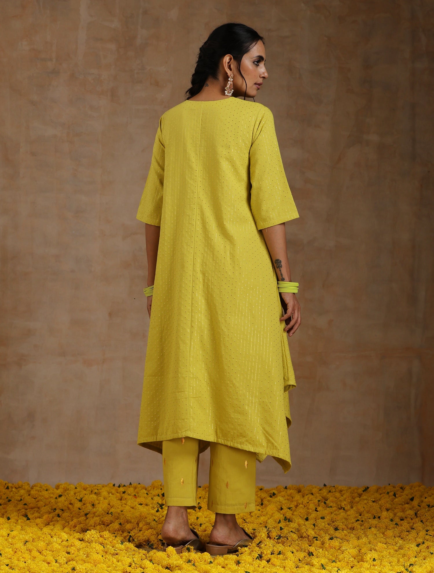 Lime Gold Cotton Handkerchief Kurta Set