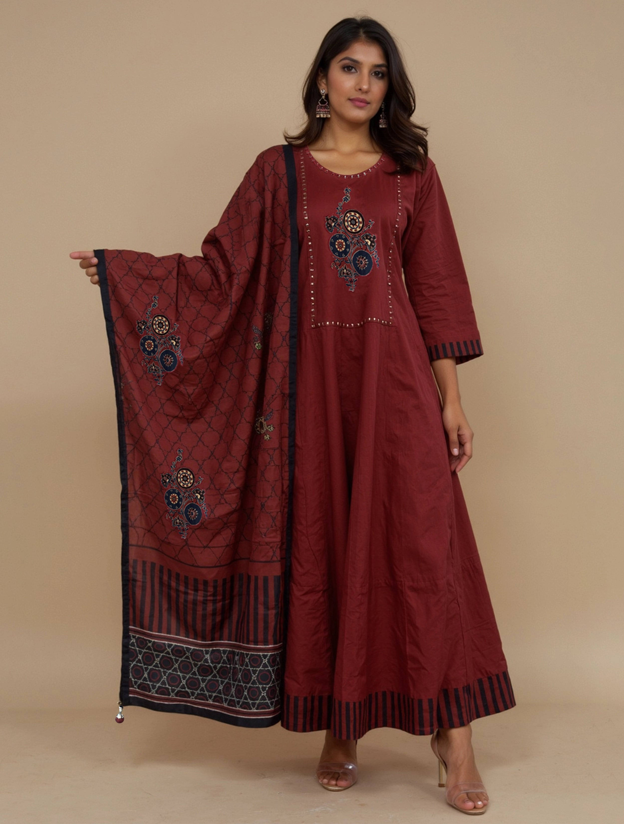 trueBrowns Maroon A-line Kurta Pant Dupatta Set