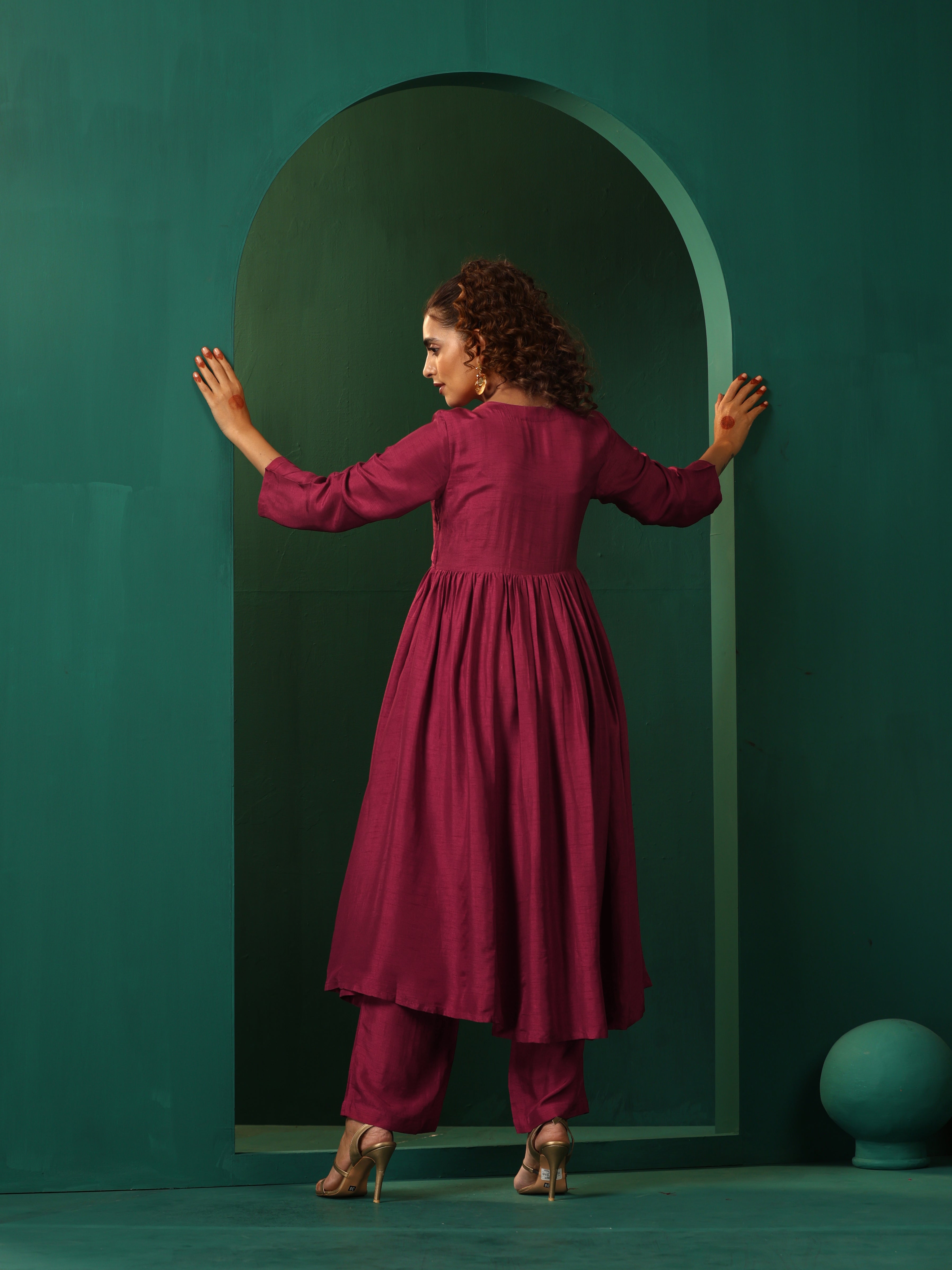 trueBrowns Maroon Silk Angrakha Kurta Pant Set