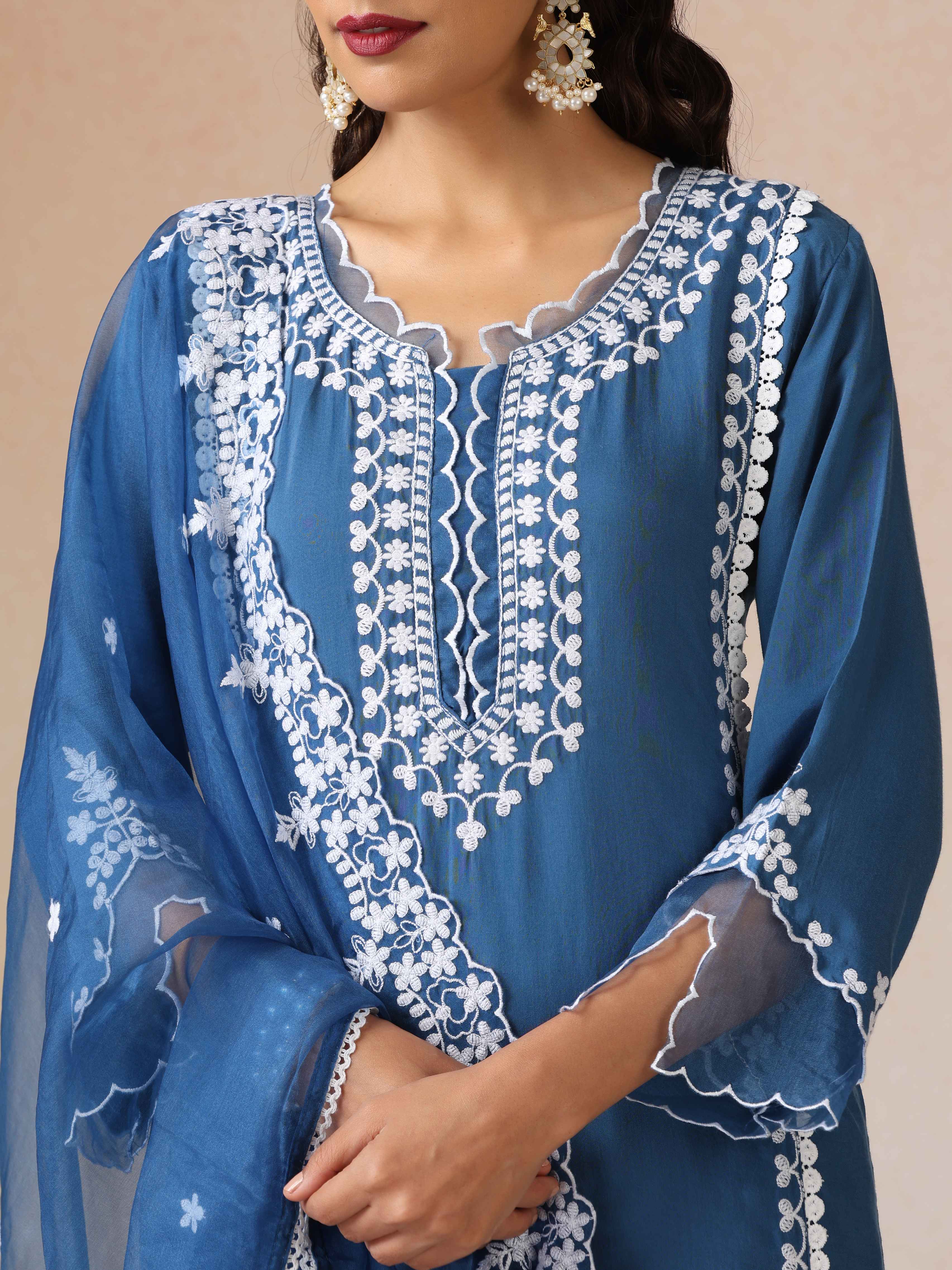 trueBrowns Blue Embroidered Round Neck Straight Kurta 3pc Set