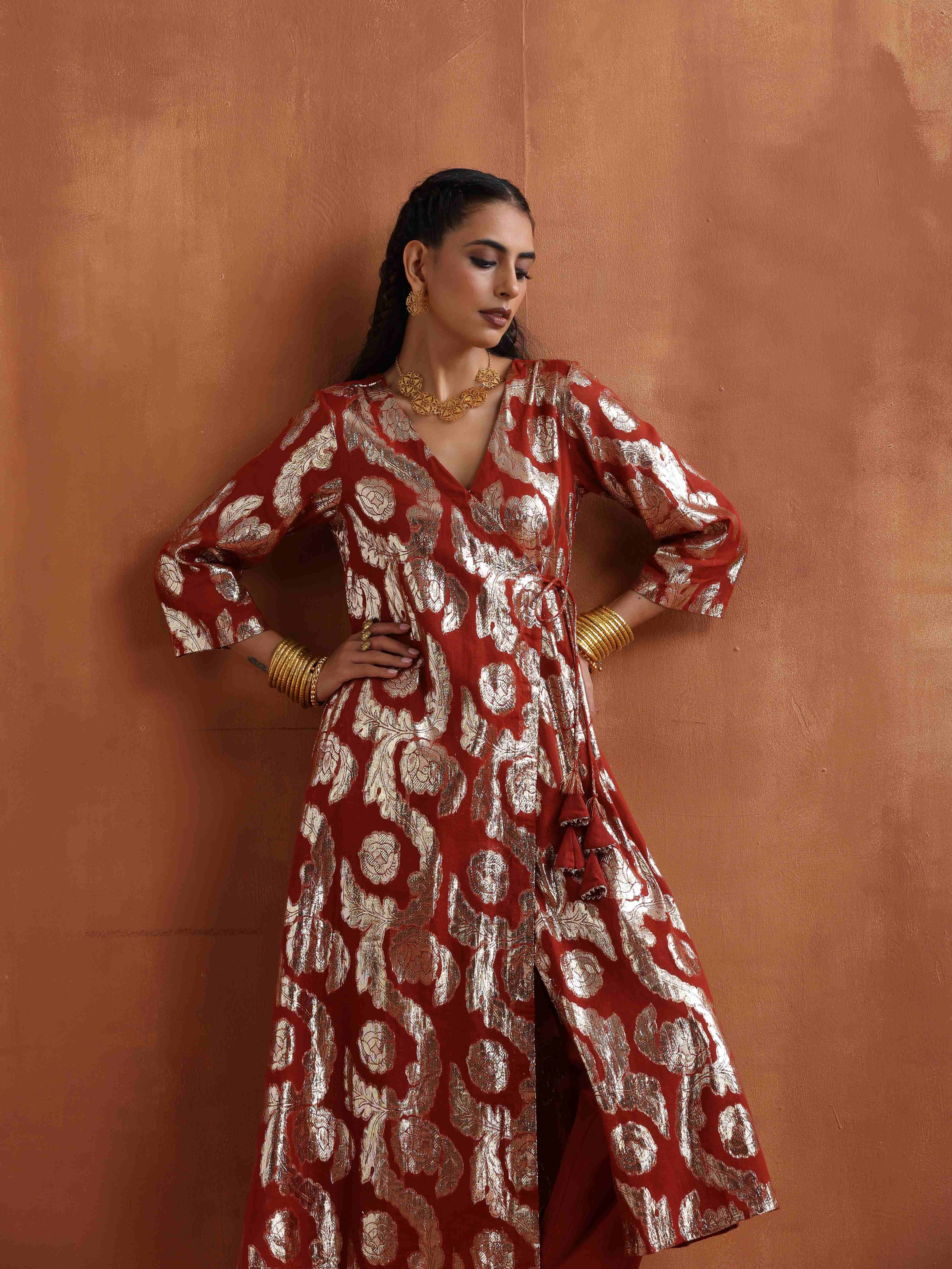 trueBrowns Rust Metallic Angrakha Kurta Set