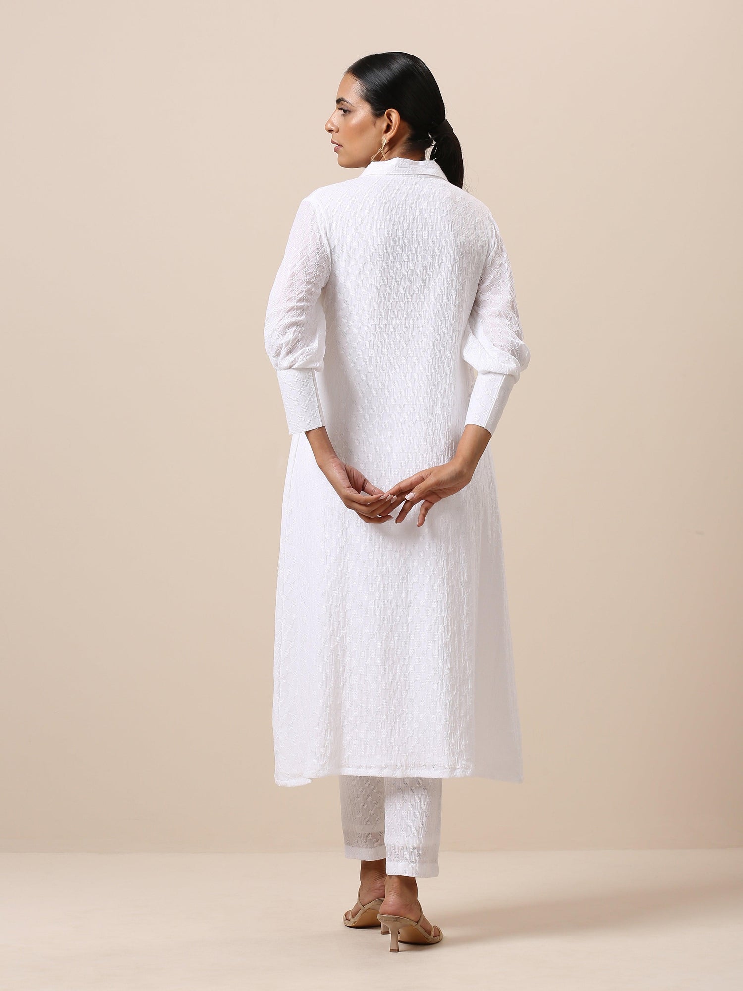 Cotton White Weave Collar Kurta Pant Set - trueBrowns