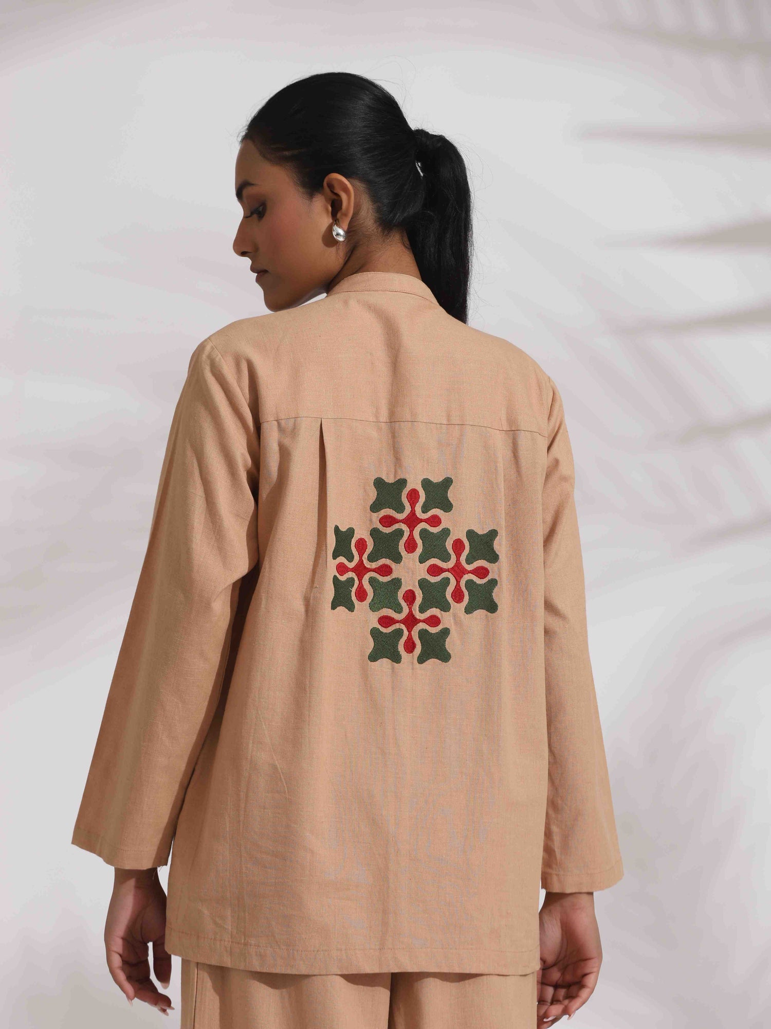 trueBrowns Beige Cotton Embroidered Shirt Top Co-ord Set