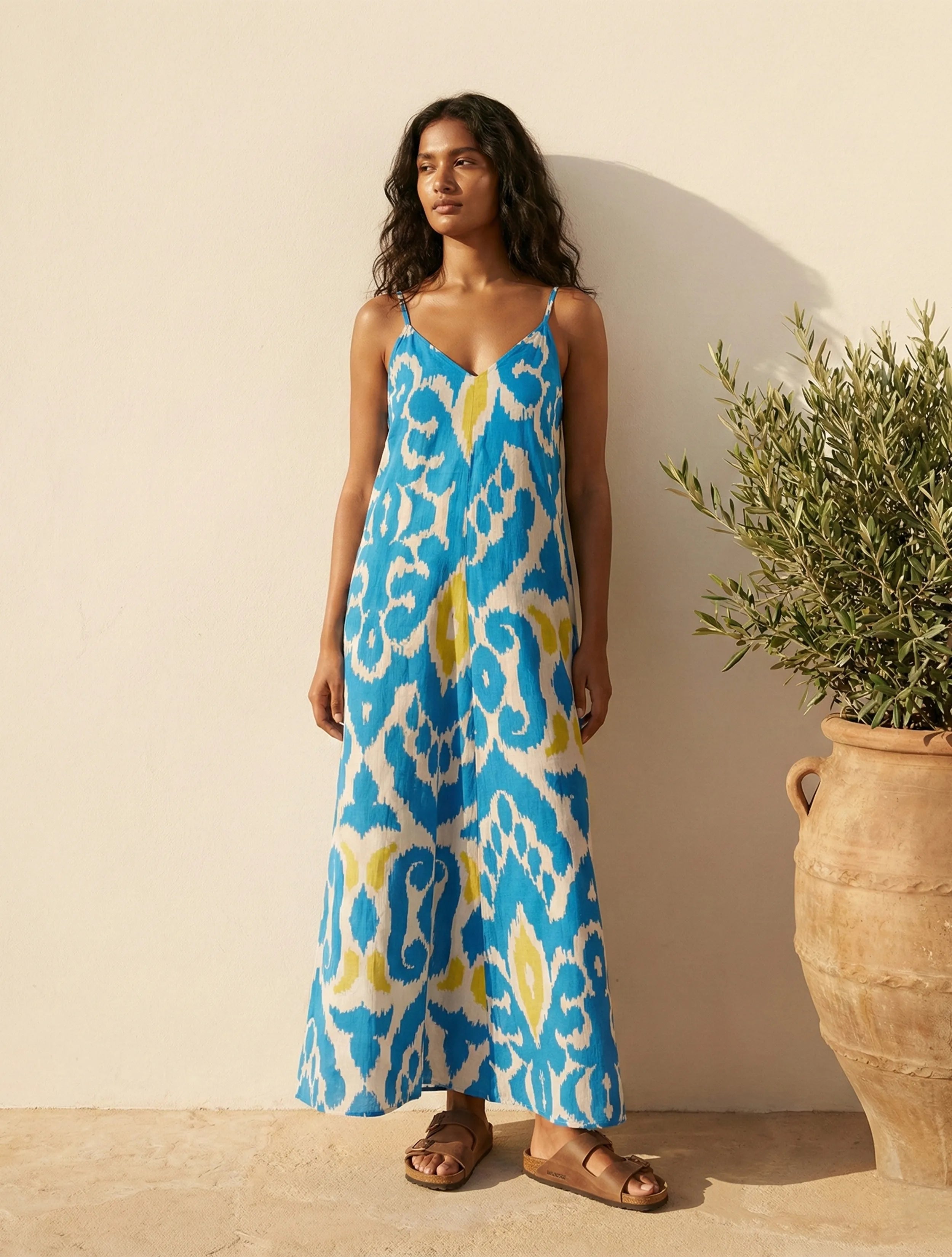 trueBrowns Blue Ikat Print Cotton Mull Strappy Maxi Dress