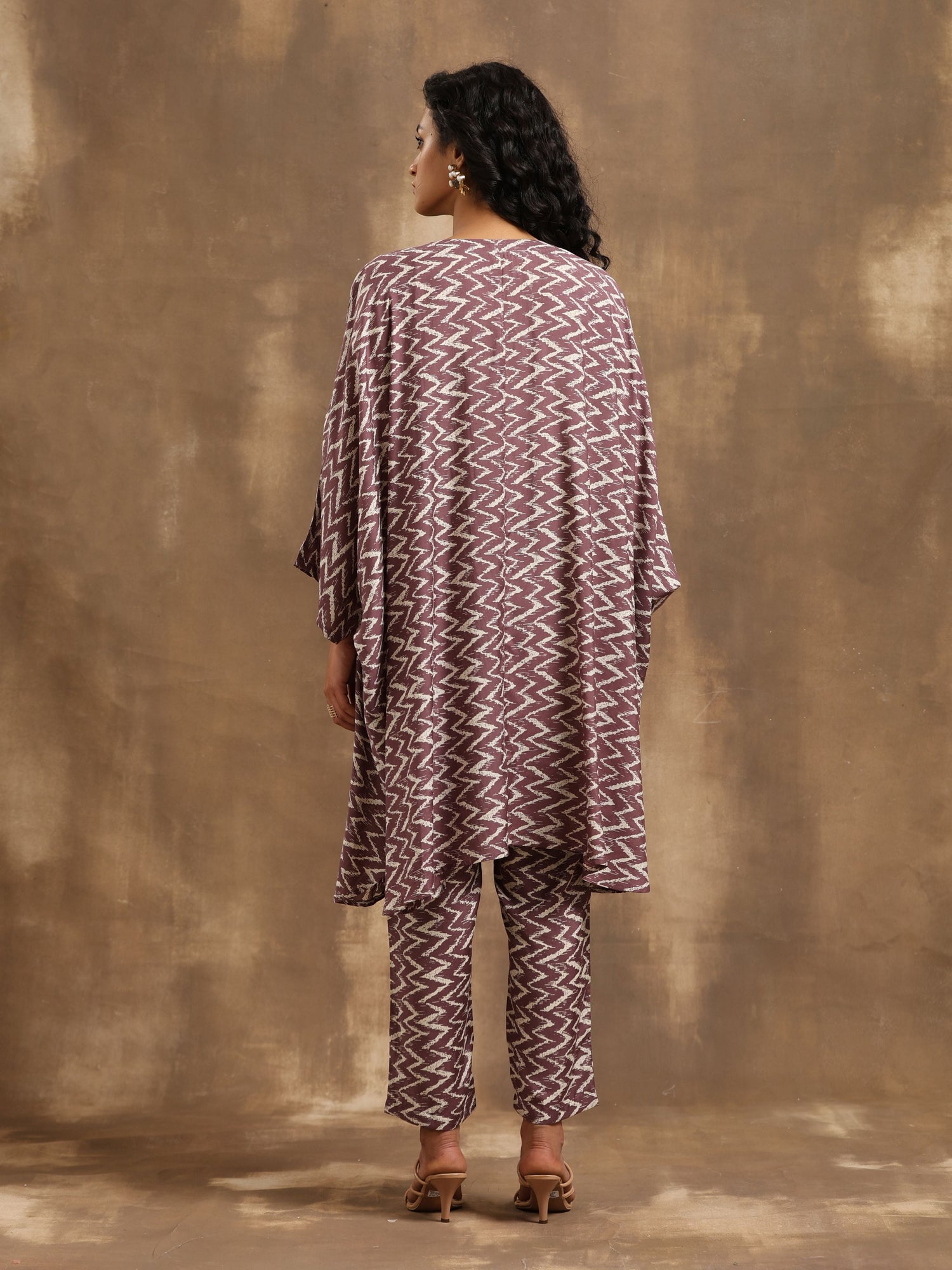 Dark Mauve Zig Zag Printed Silk Kaftan Co-Ord Set