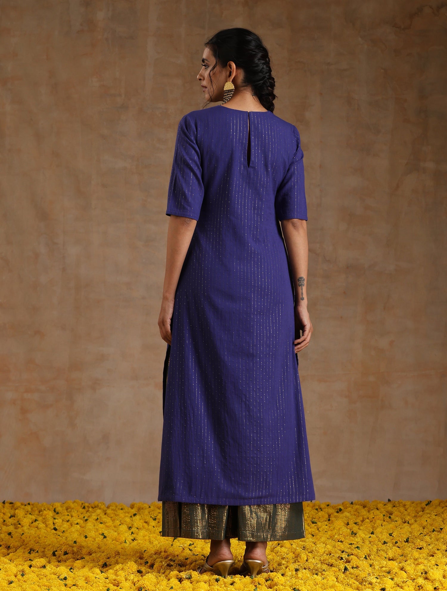 Spectrum Blue Gold Cotton High Slit Kurta Set