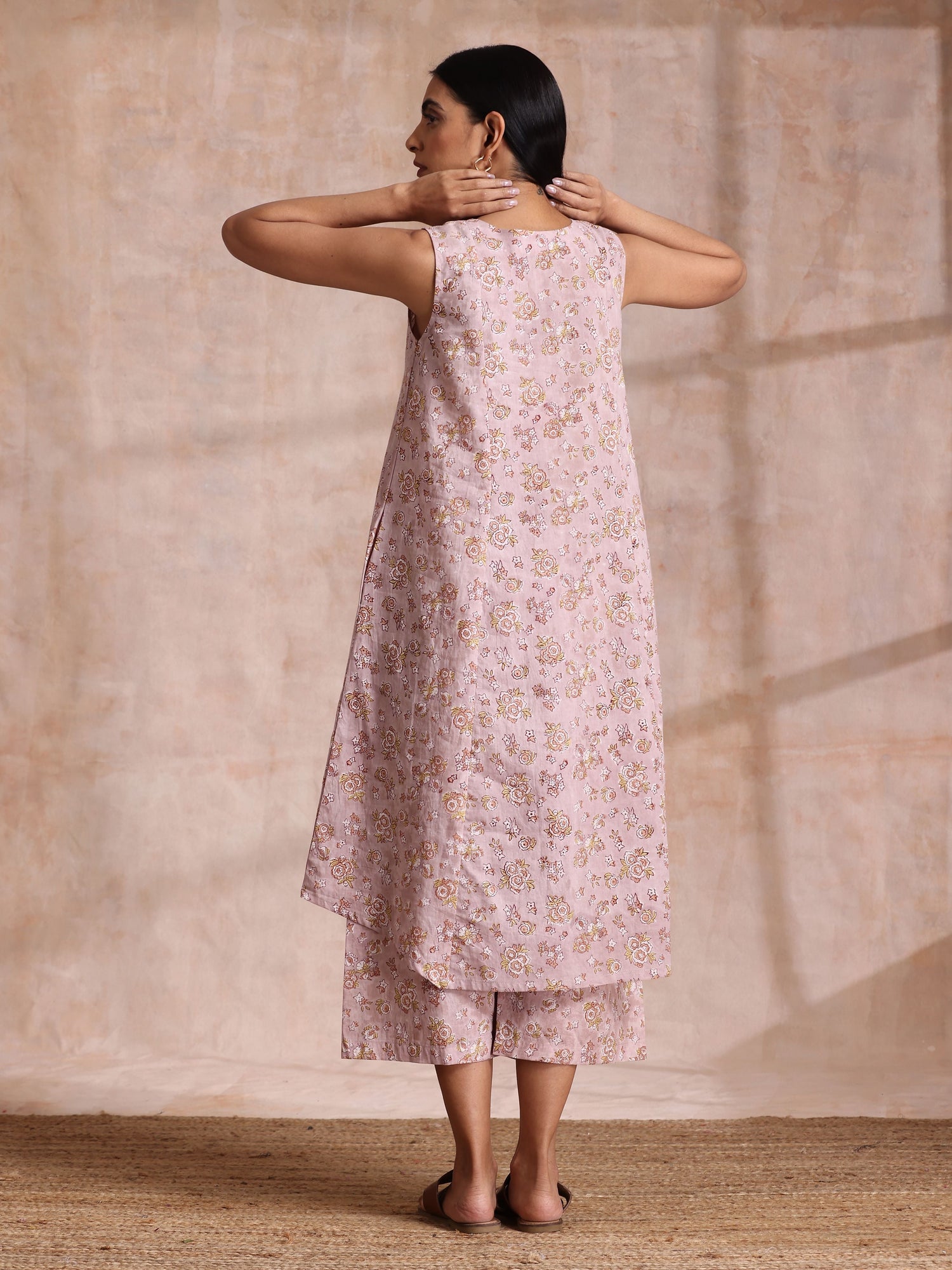 Grey Overall Floral Block Print Cotton High-Low Co-Ord Set