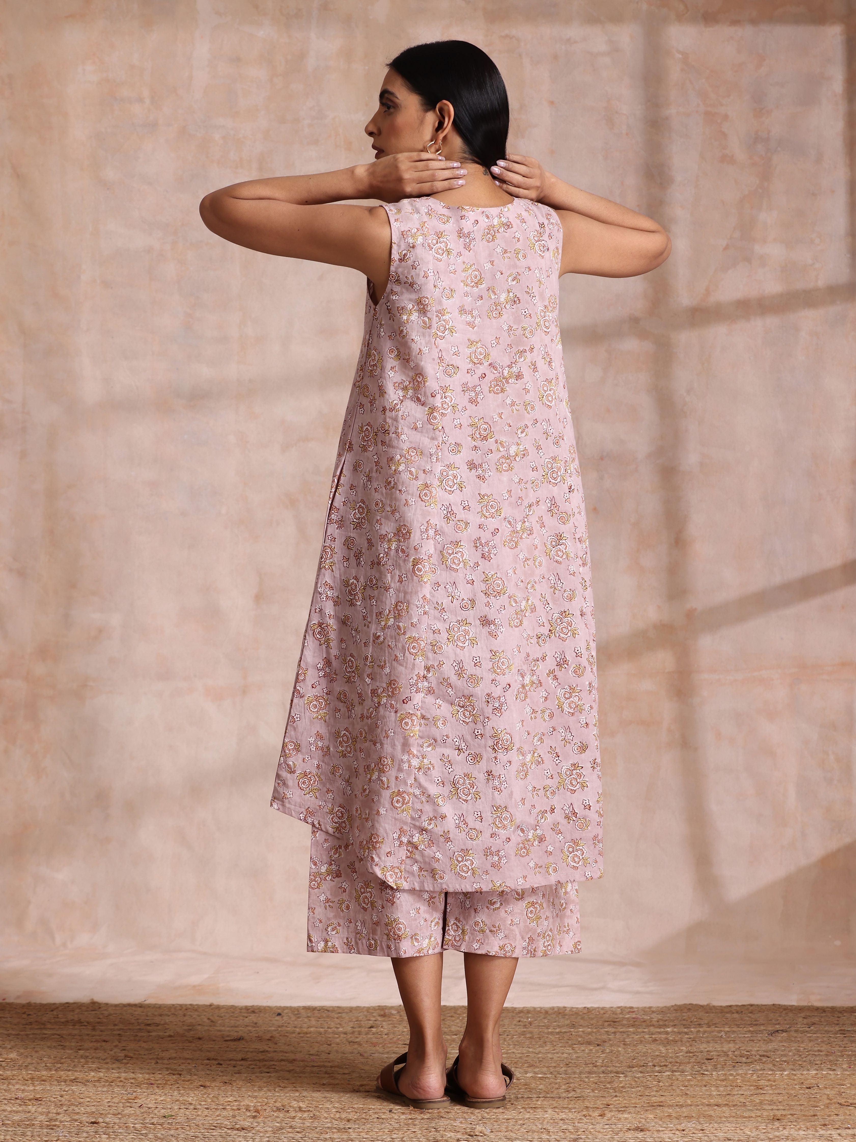 Grey Overall Floral Block Print Cotton High-Low Co-Ord Set