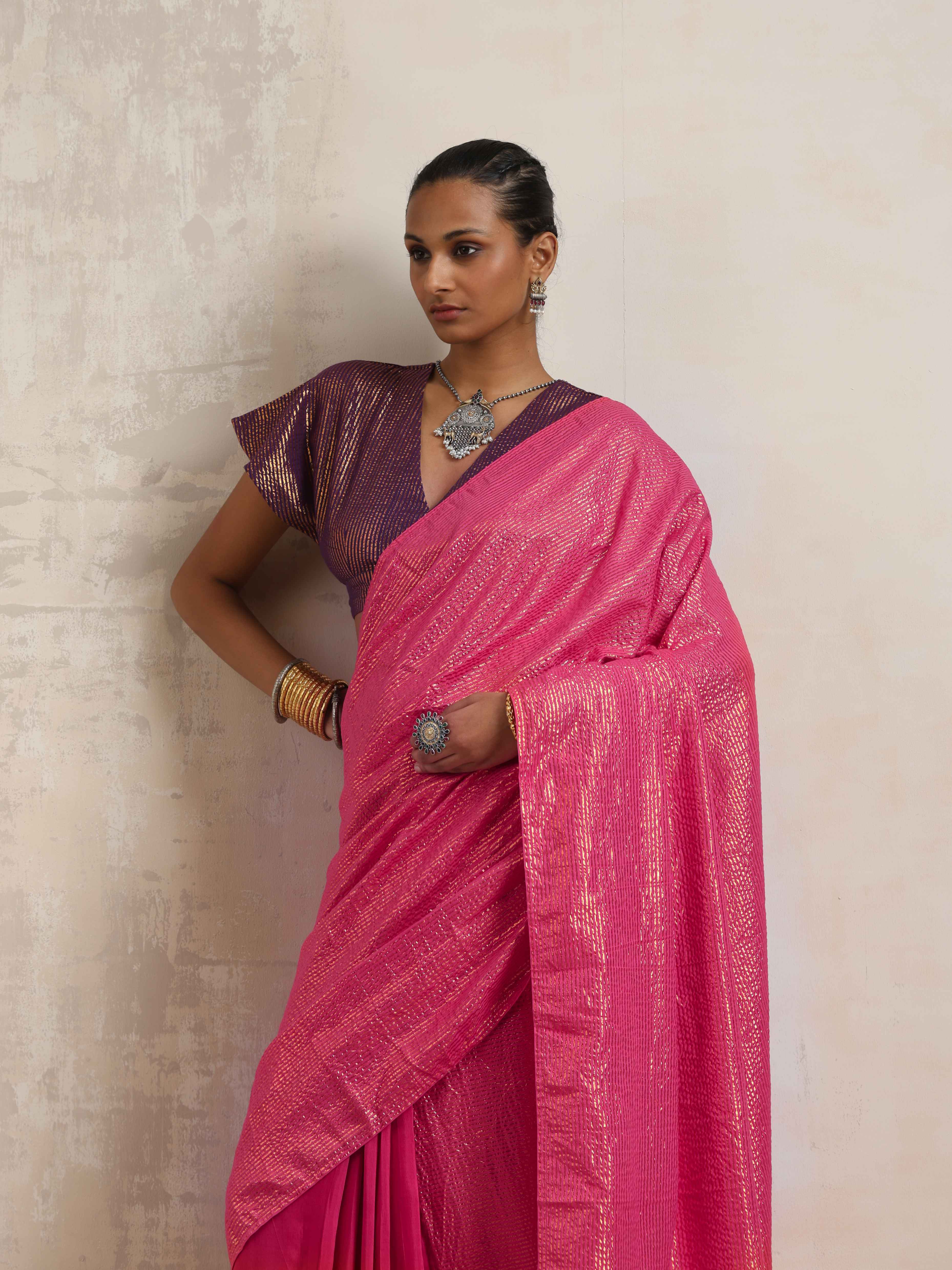 trueBrowns Pink Gold Lurex Ready To Wear Saree