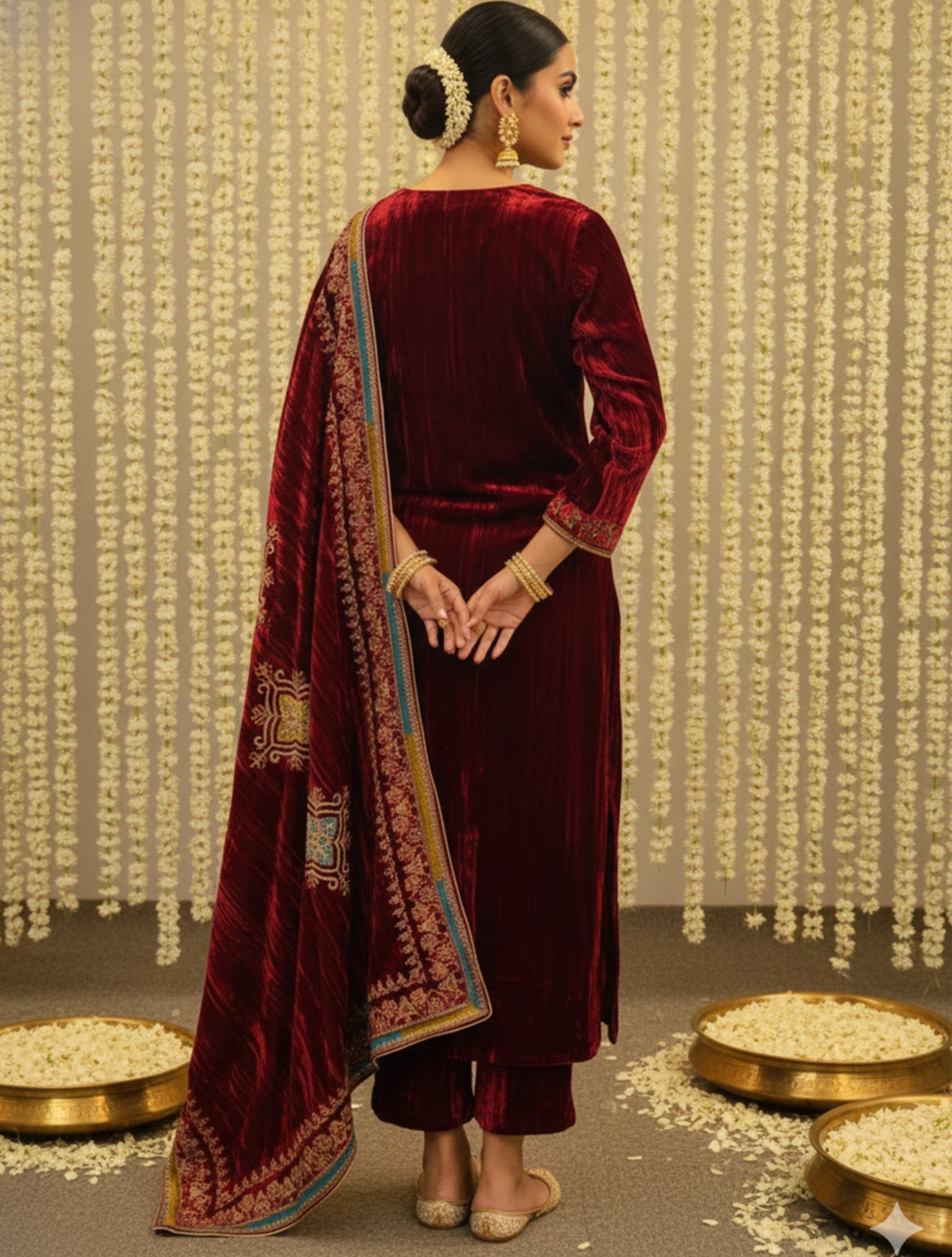 trueBrowns Maroon Crinkled Velvet Embroidered Kurta Pants Dupatta Set