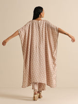 Beige White Floral Silk Print Kaftan Pant Set