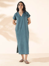 trueBrowns Turquoise Cotton Dobby Dress
