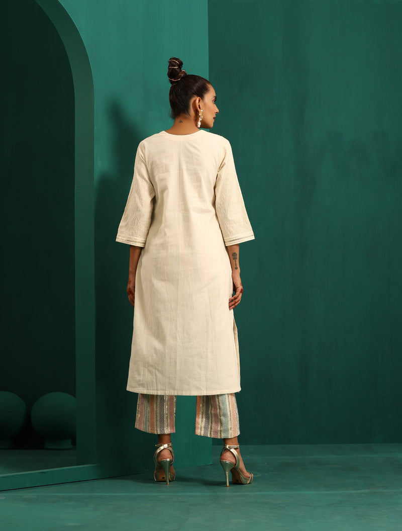 trueBrowns Ivory Embroidered Kurta with Embroidered Pants