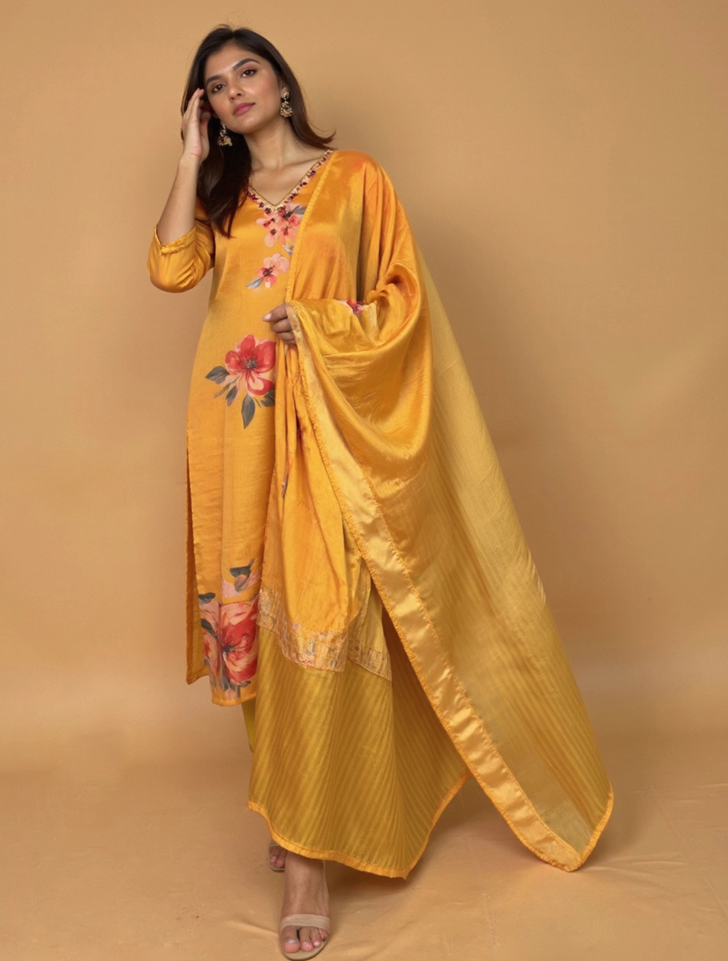 trueBrowns Yellow Floral V-Neck Emb Straight Kurta Pant Dupatta Set