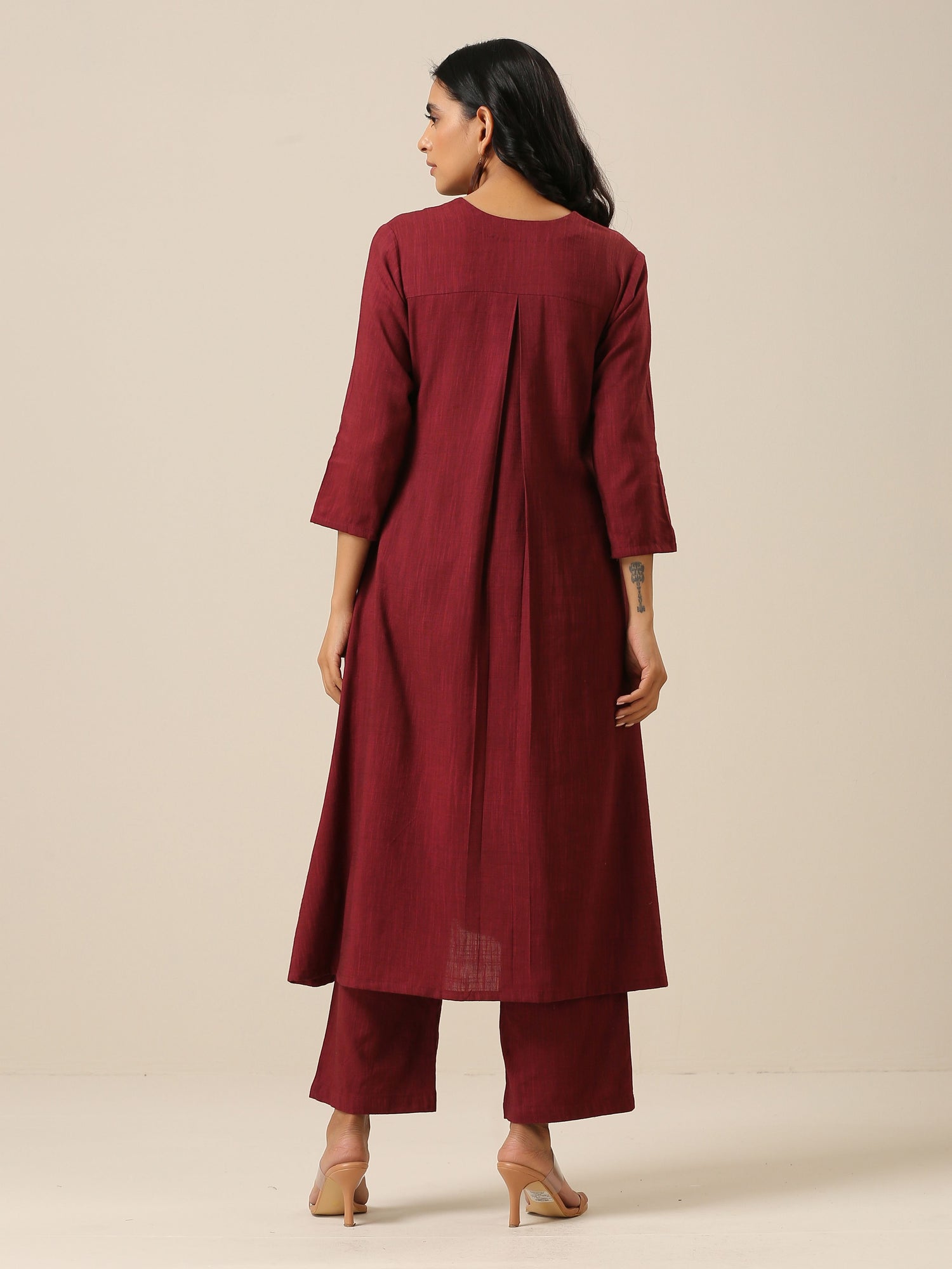 Ruby Wine Slub Texture Back Pleat Kurta Pant Set