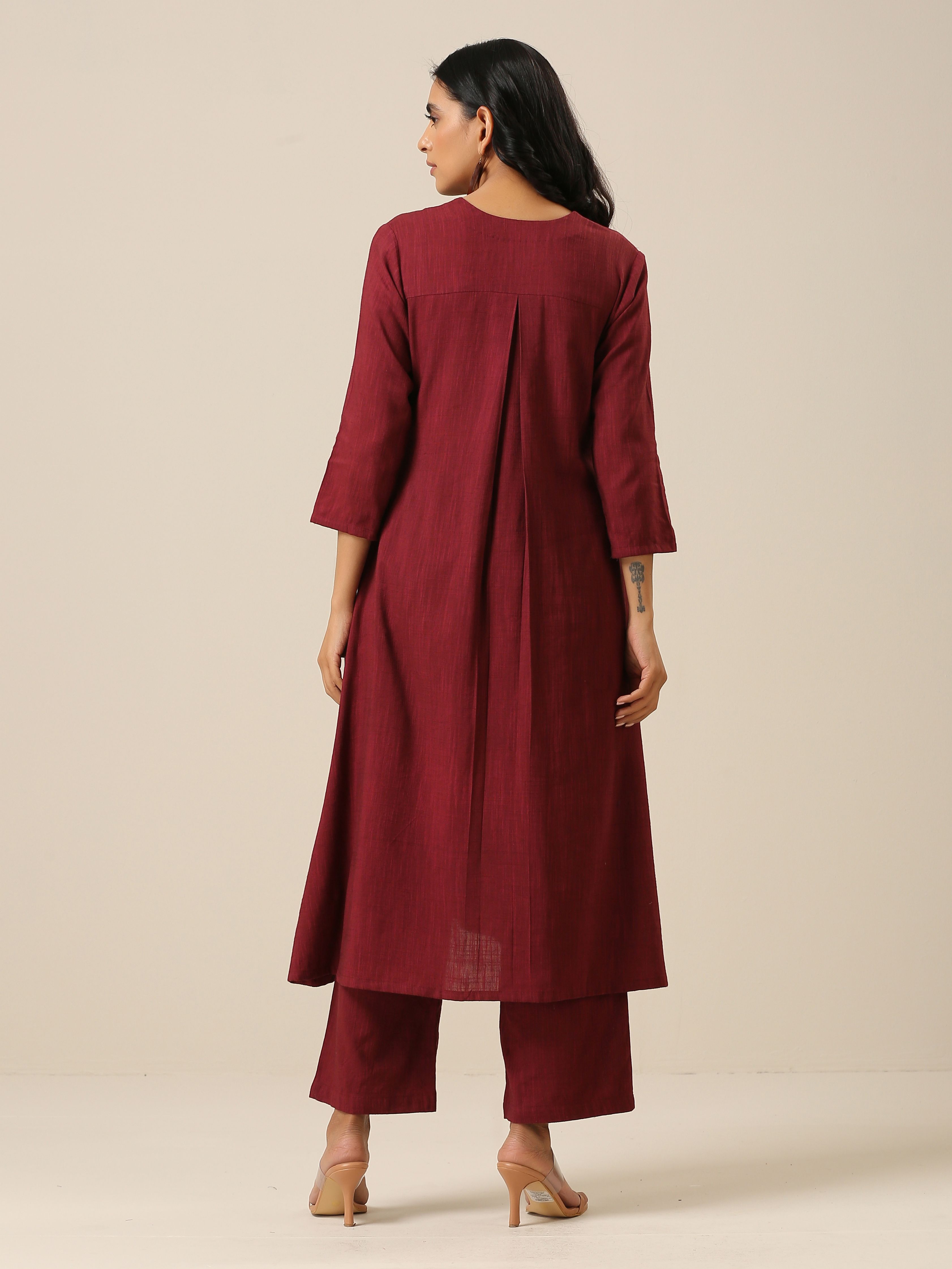 Ruby Wine Slub Texture Back Pleat Kurta Pant Set