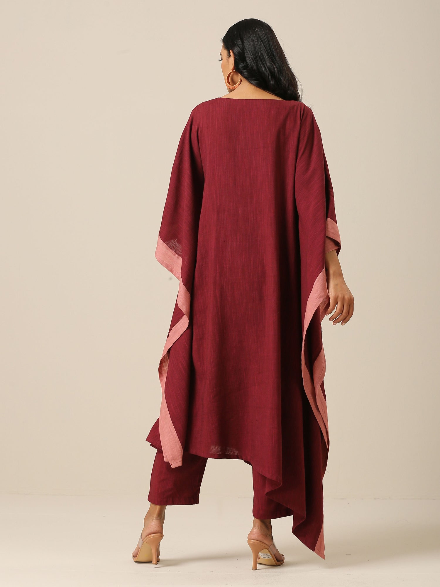 Ruby Wine Slub Texture High Low Kaftan Pant Set