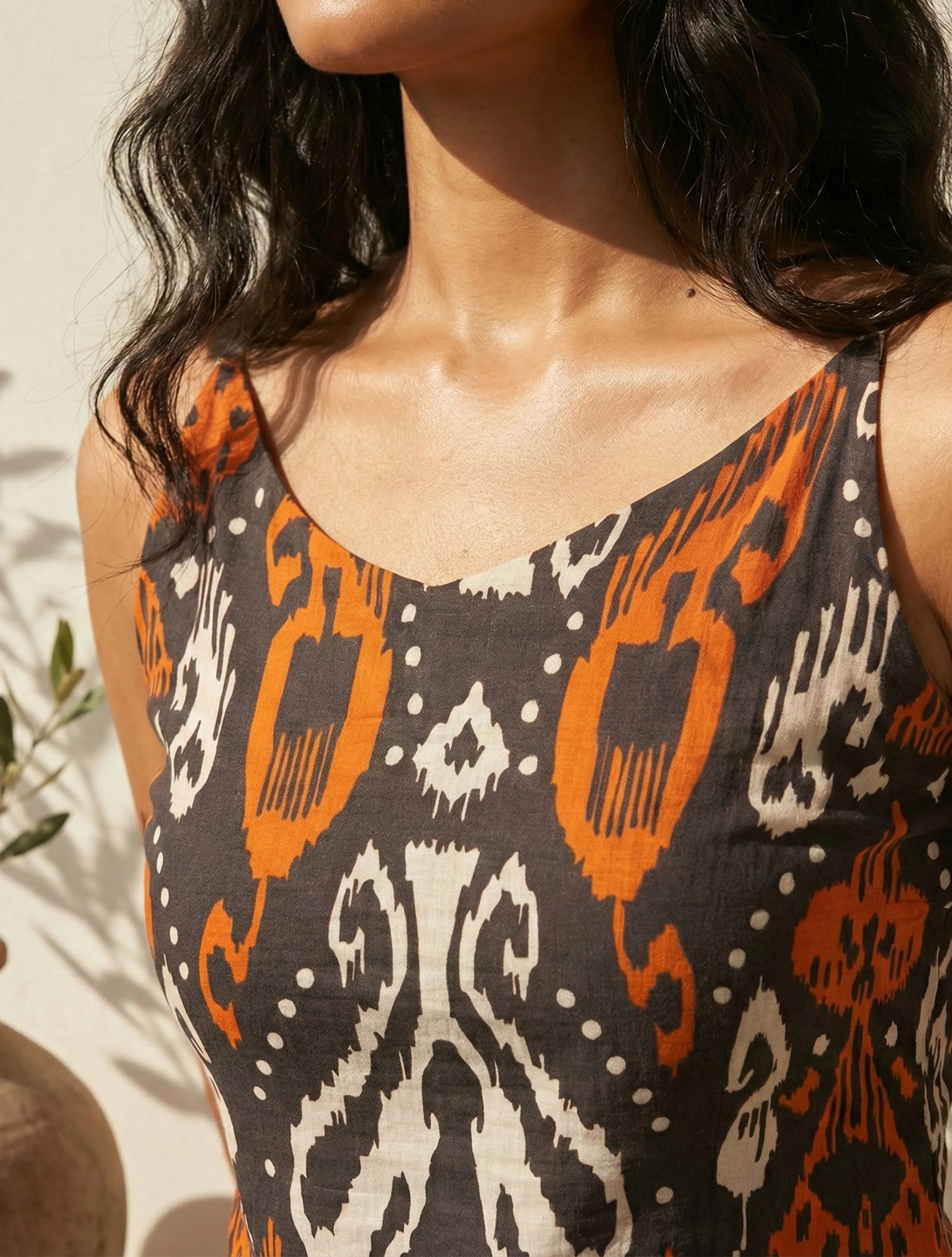 trueBrowns Cola Orange Ikat Print Cotton Mull Strappy Long Dress