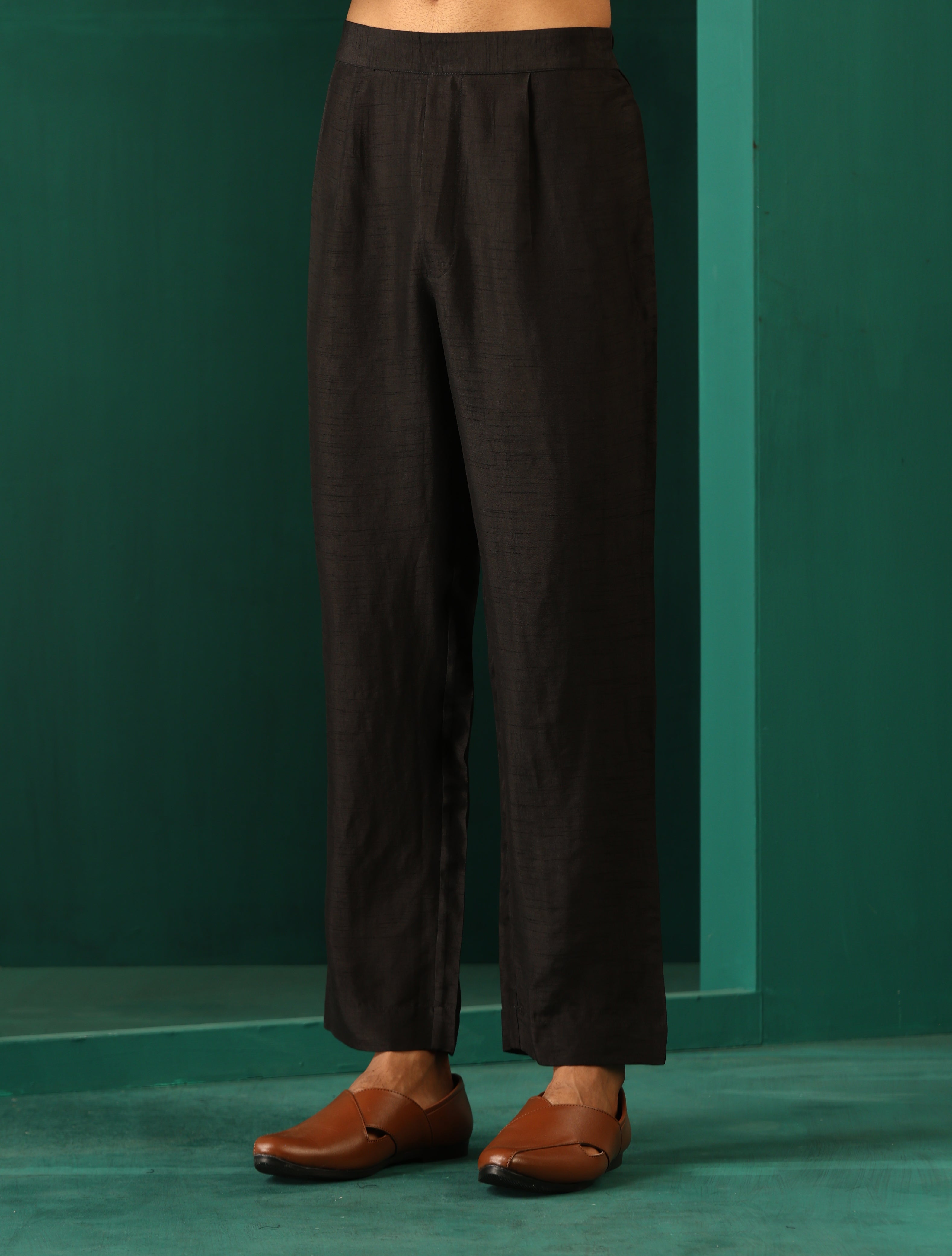 trueBrowns Men Black Silk Co-ord Set Stitch Detail