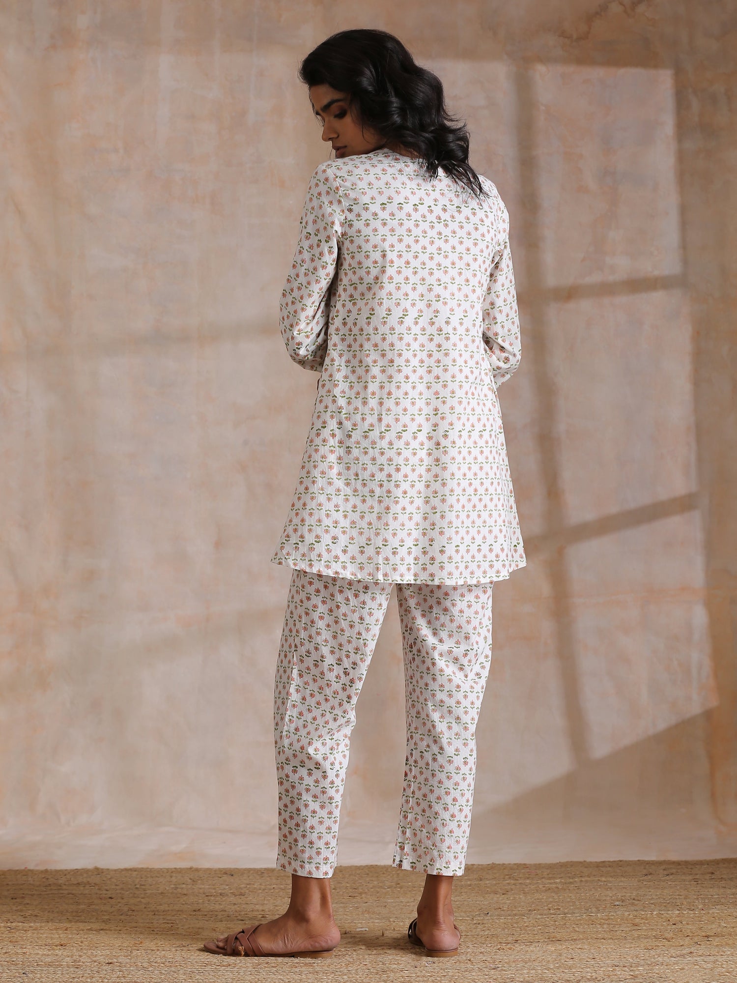 White With Small Floral Booti Print Cotton Pleated Co-Ord Set