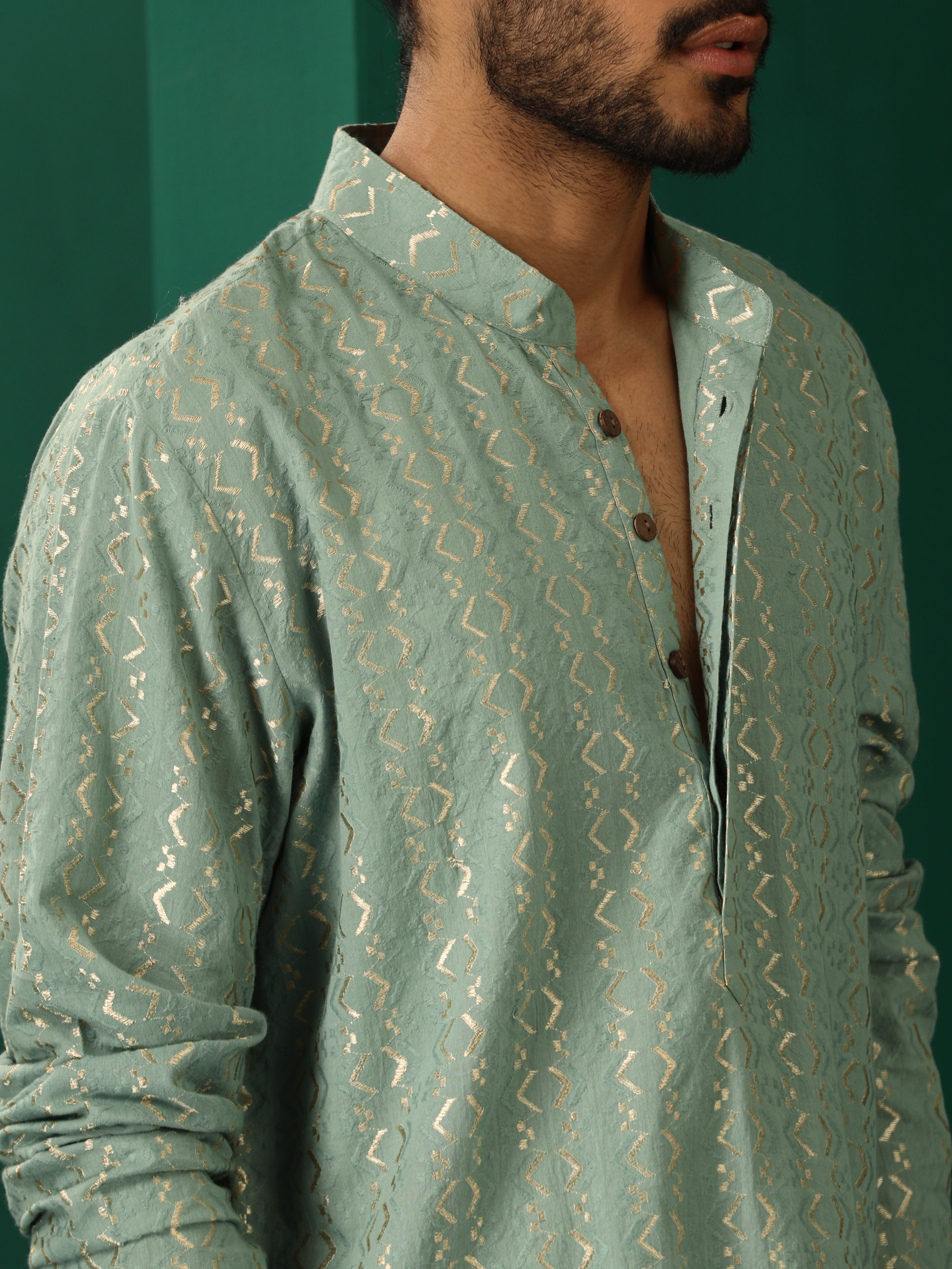 trueBrowns Men Mint Green Dobby Co-ord Set