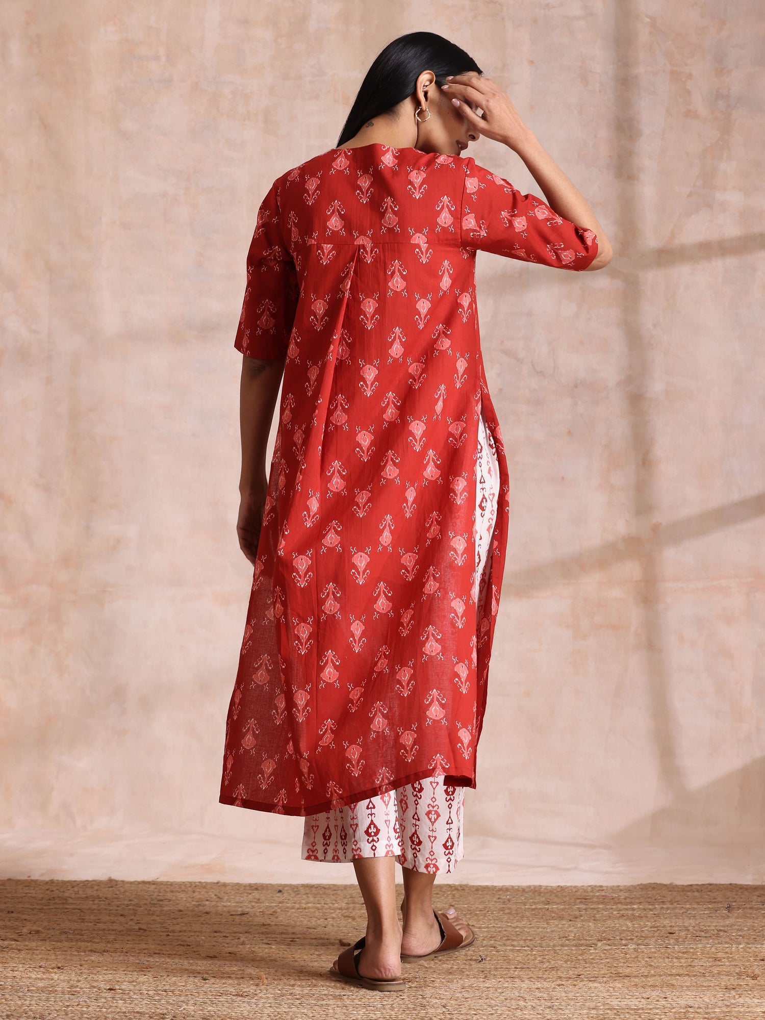 Red On Red Ikat Print Cotton Kurta Pant Set