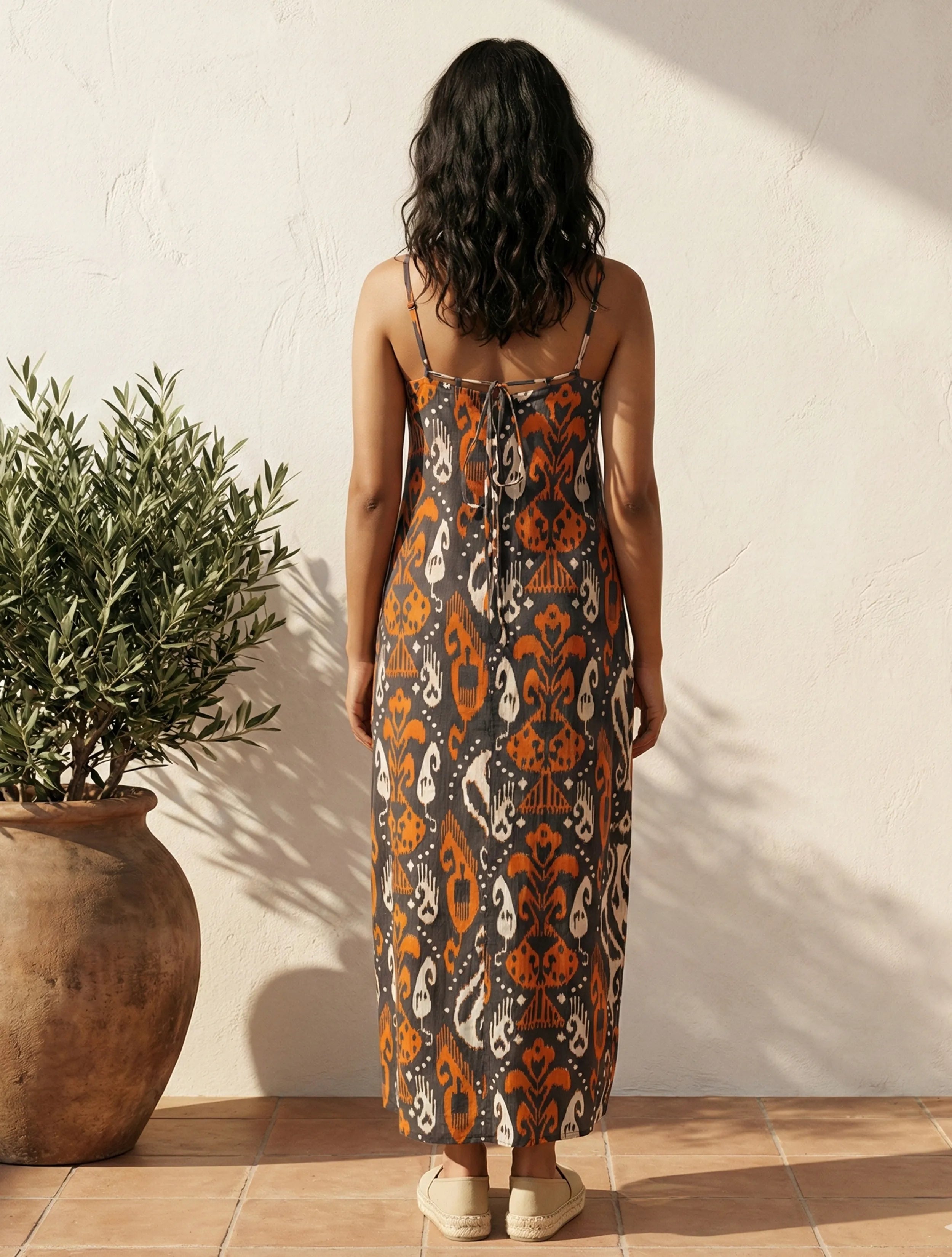 trueBrowns Cola Orange Ikat Print Cotton Mull Strappy Long Dress
