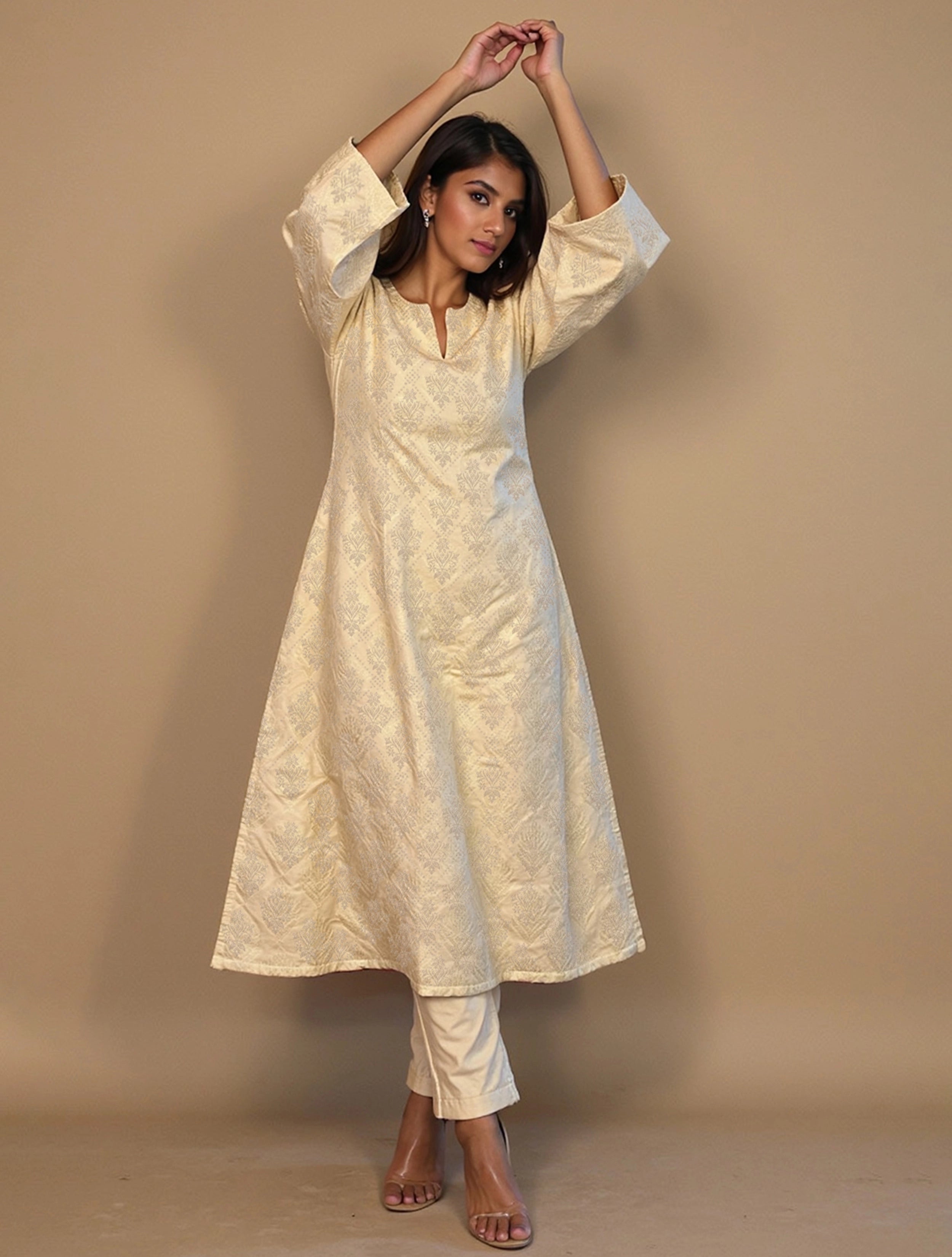 trueBrowns Ivory Brocade Straight High-Slit Kurta Set